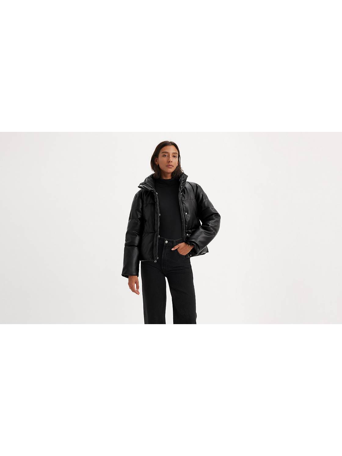 Women's Black Puffer Windbreaker Faux Leather Crop Jacket