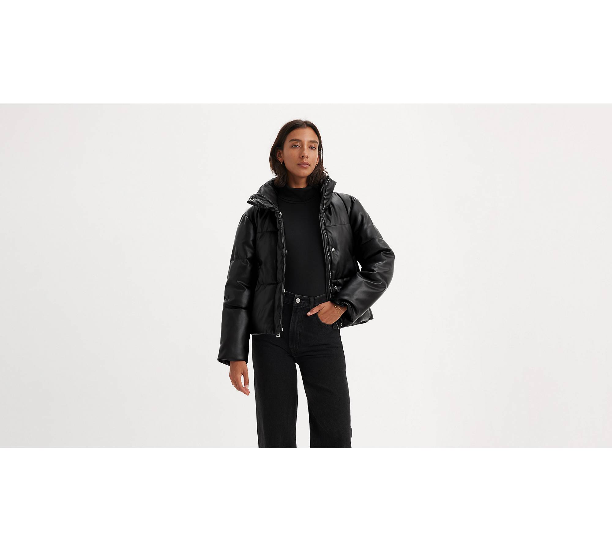 Girls Black Leather-Look Hooded Puffer Jacket