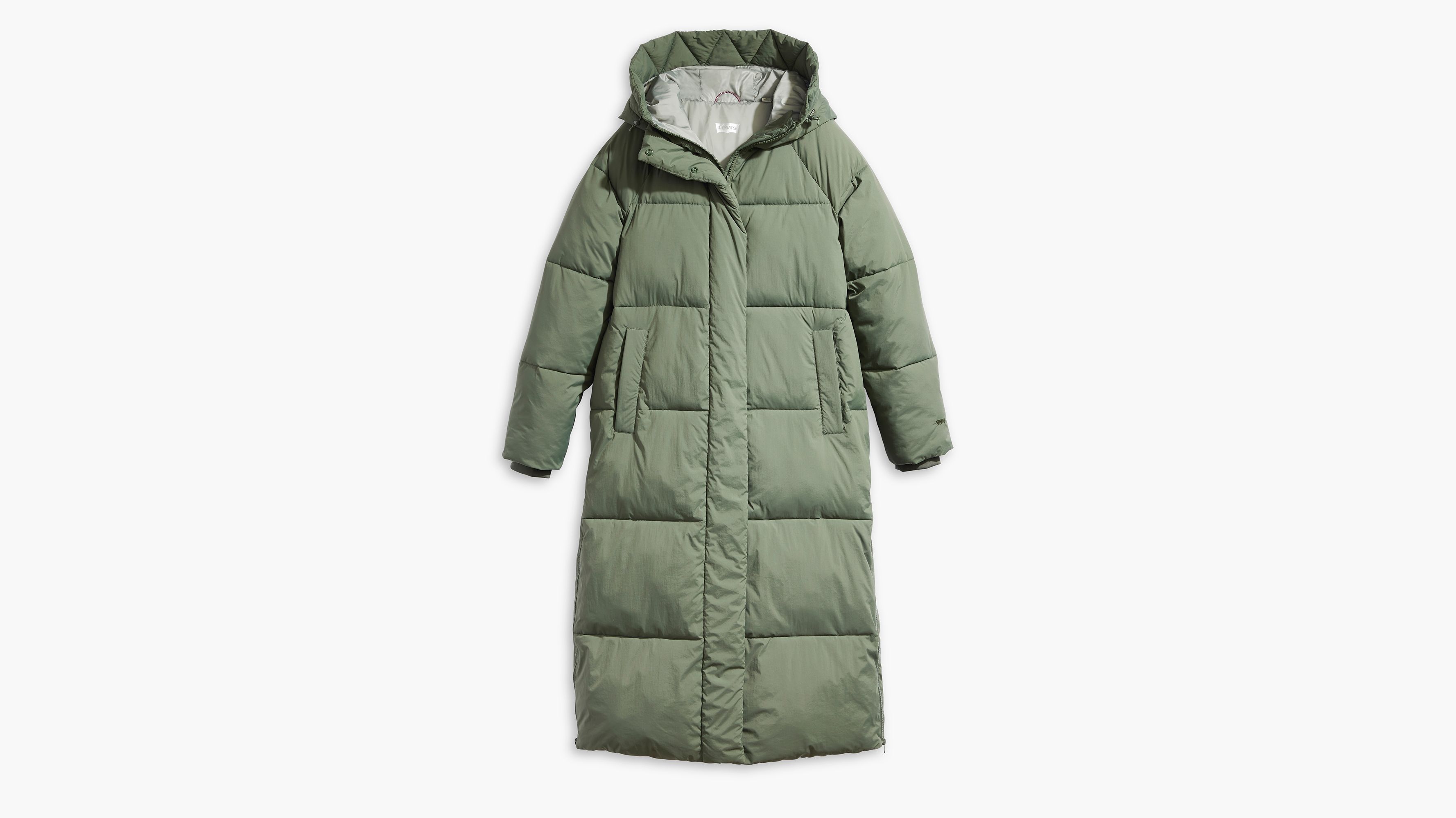 Extra Long Quilted Hooded Parka Coat - Green