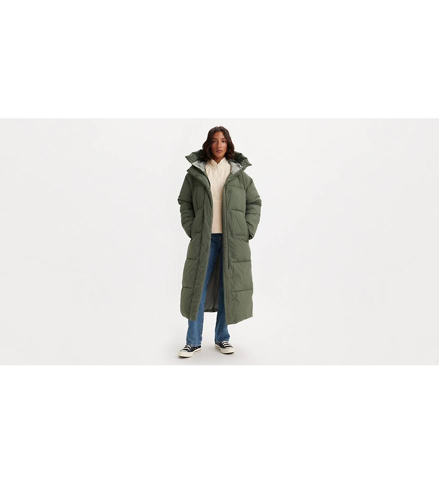 Extra Long Quilted Hooded Parka Coat - Green