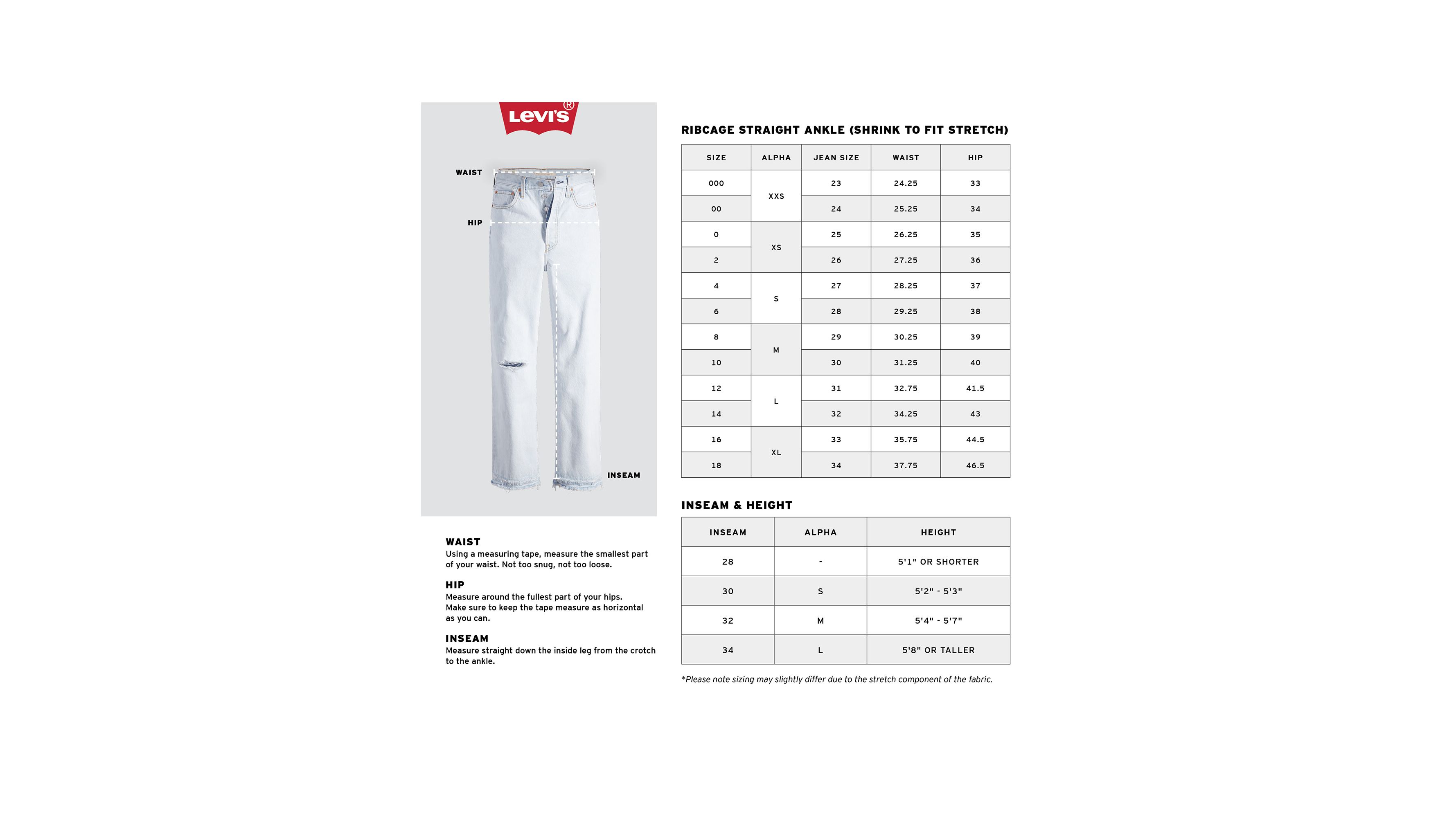 Levi's size chart women's jeans online