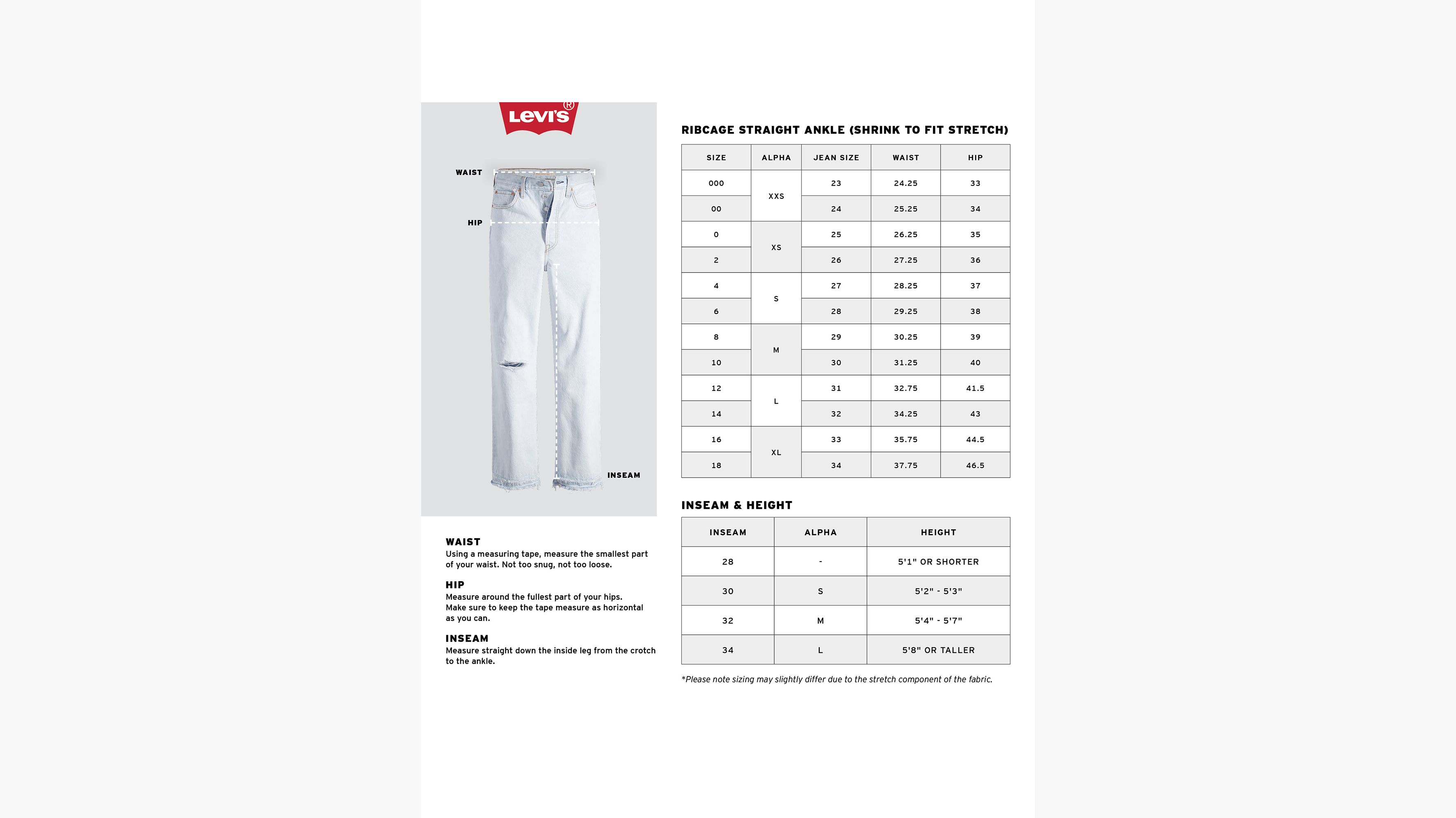 Levis pants store size chart