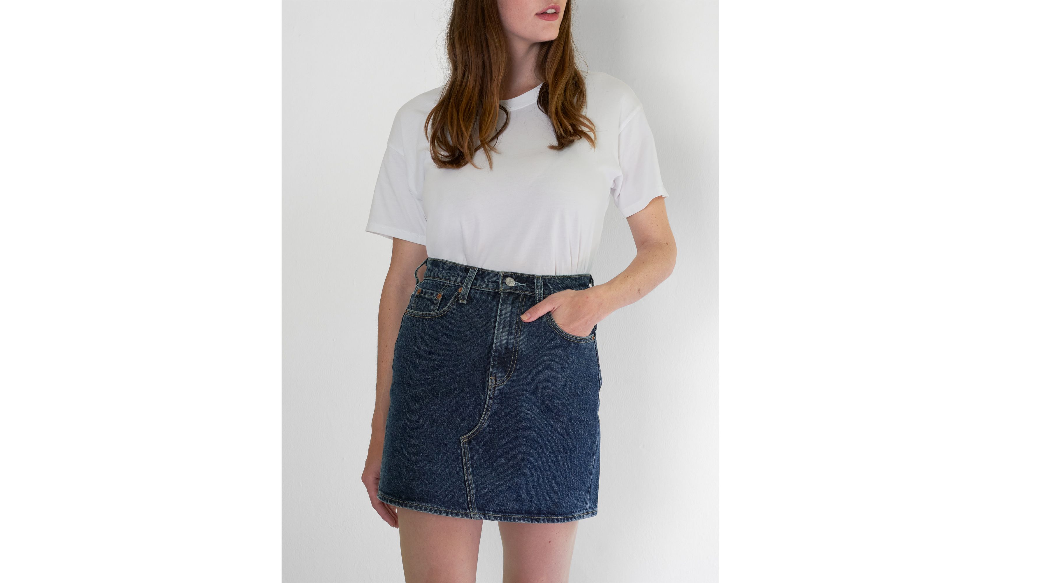 high waisted blue denim skirt