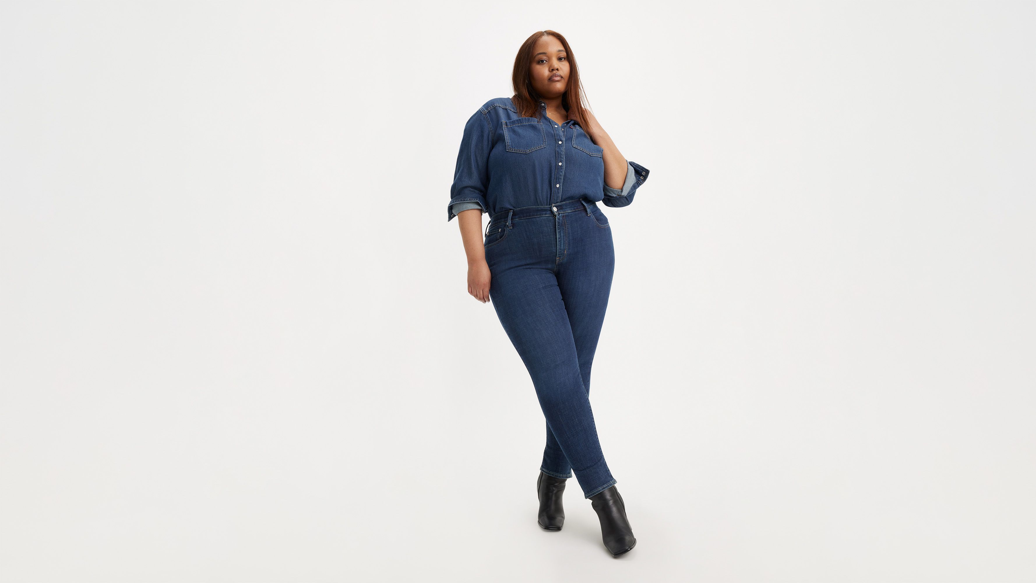 Plus Size Fashion Jeans, Women's Plus High Rise Hollow Out Slight Stretch  Denim Jeans