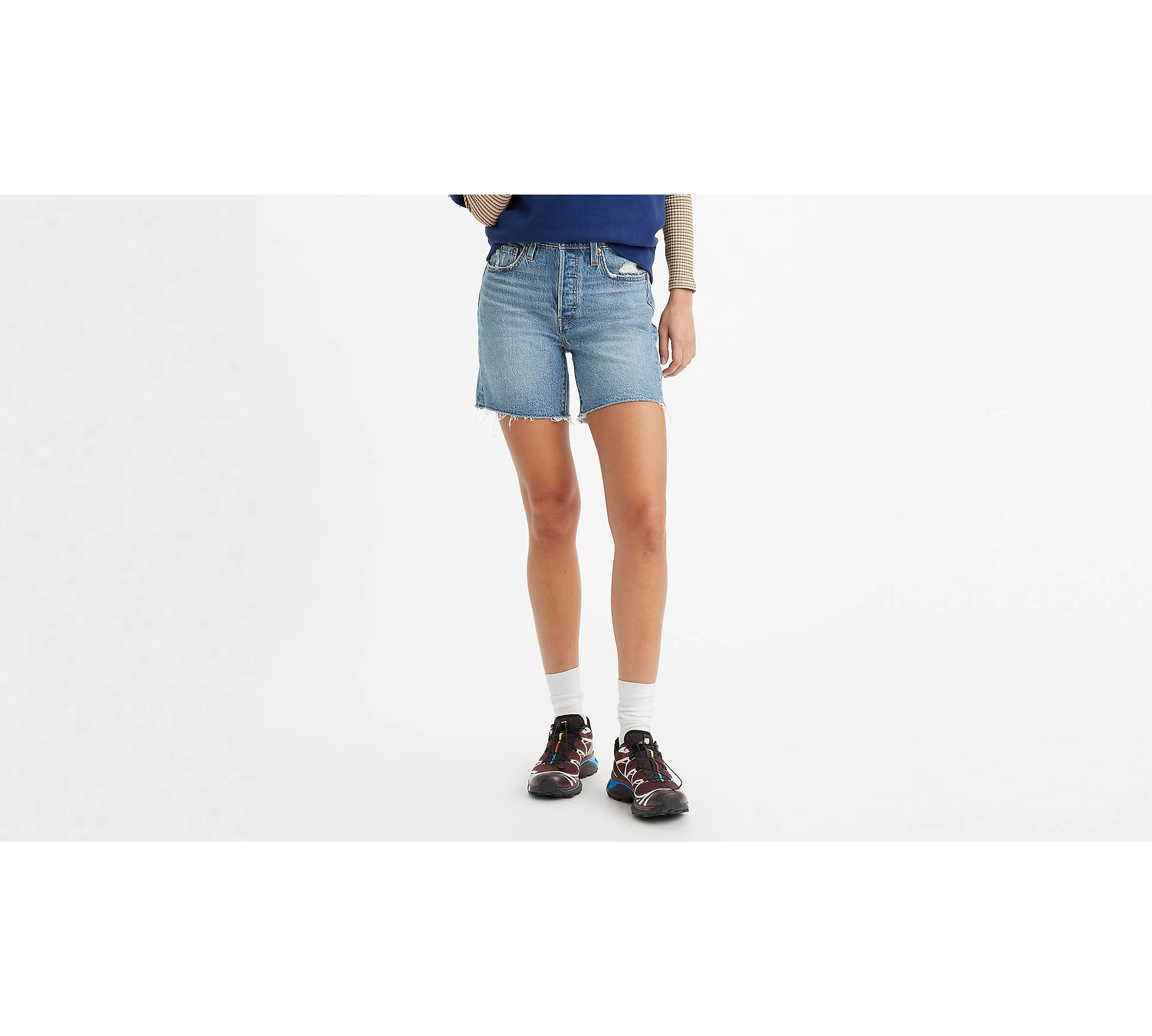 Levi's 501 Mid Thigh - Long Denim Shorts - Med Wash Cutoff Shorts - Lulus