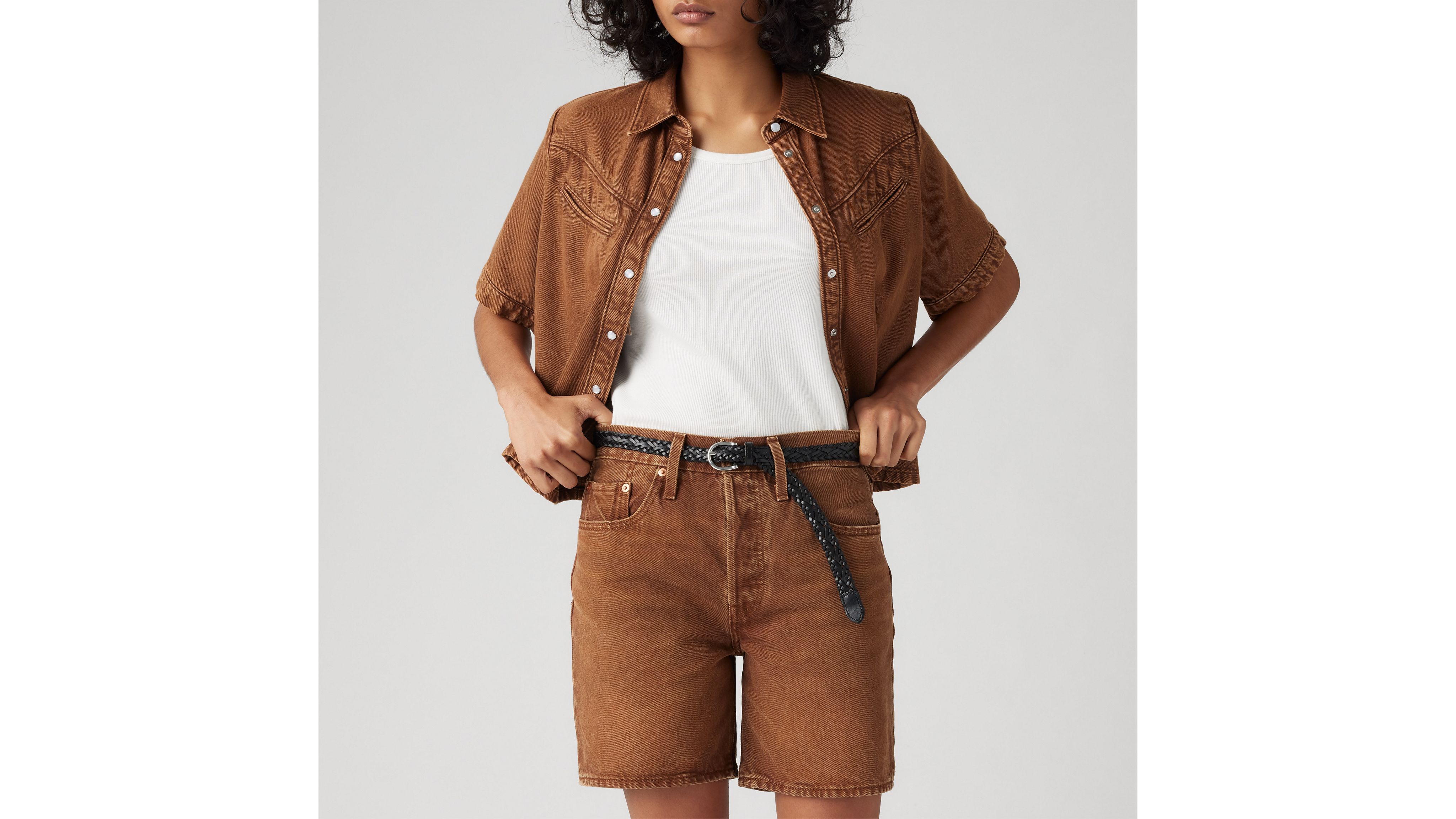 Levi's 501 Original High Rise Mid Thigh Jean Shorts In Scraped Sorrel Horse