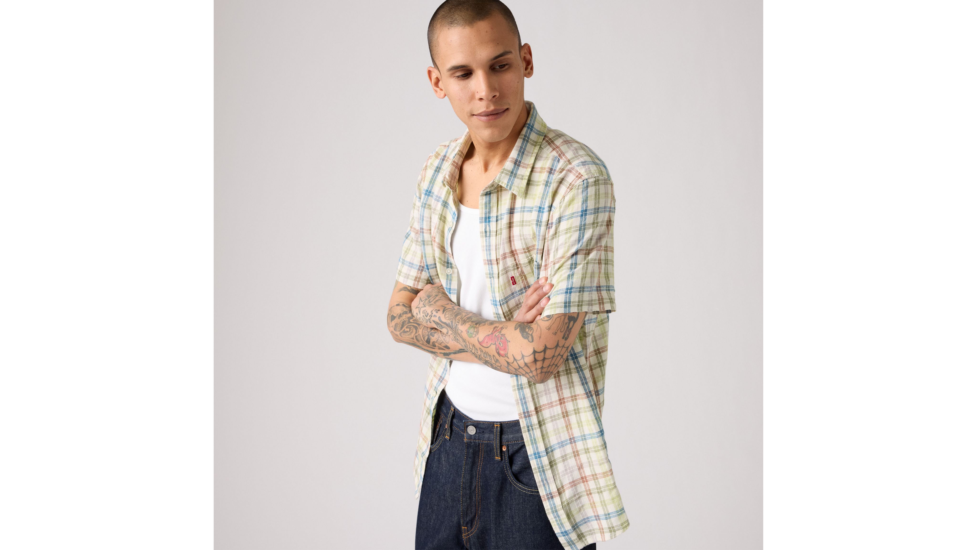 Short Sleeve Sunset Cotton Linen One Pocket Shirt - Multi