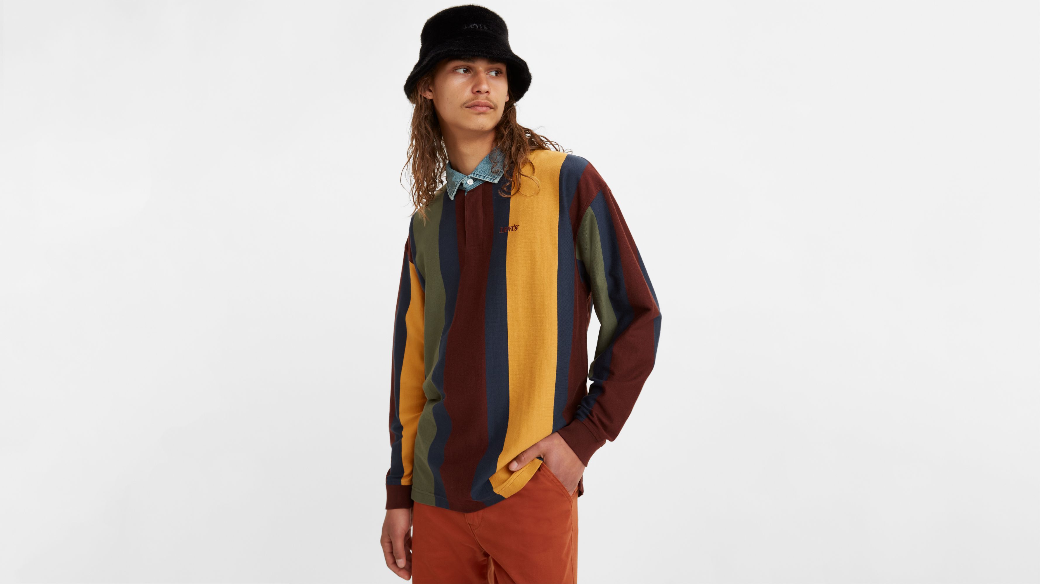 Chambray Collar Long Sleeve Polo Shirt 1