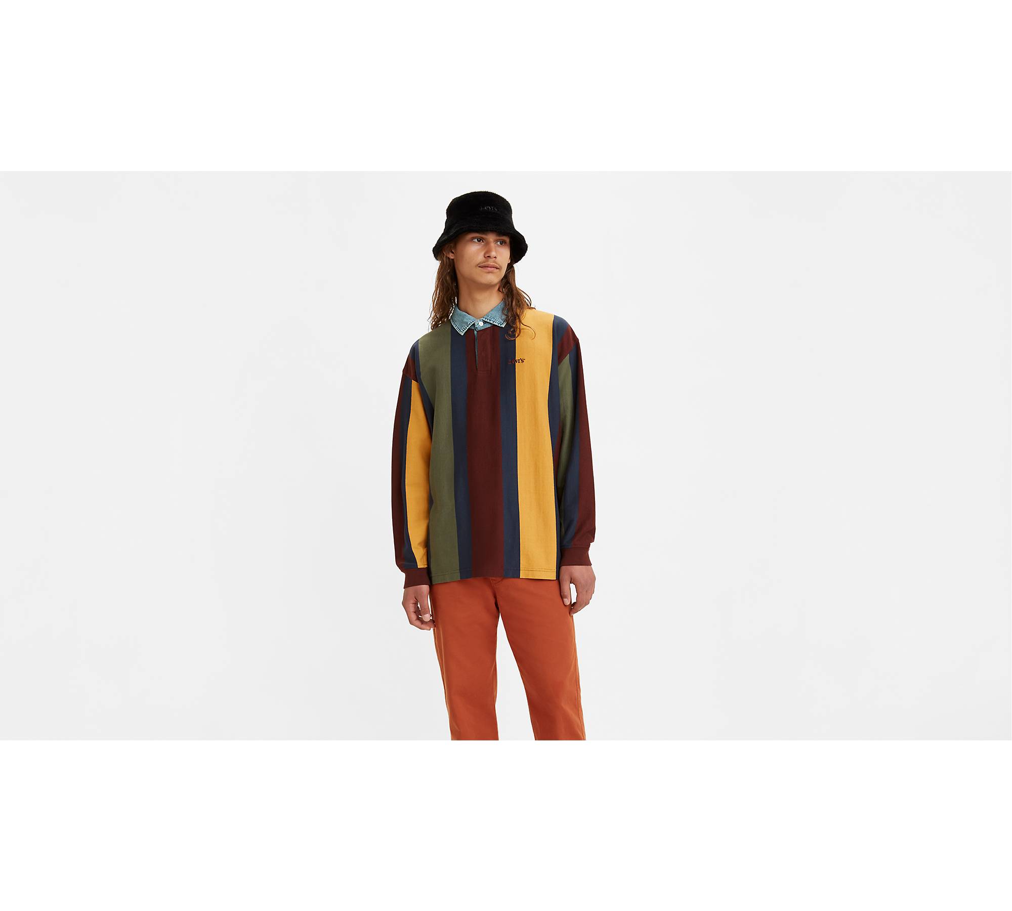 Chambray Collar Long Sleeve Polo Shirt - Brown