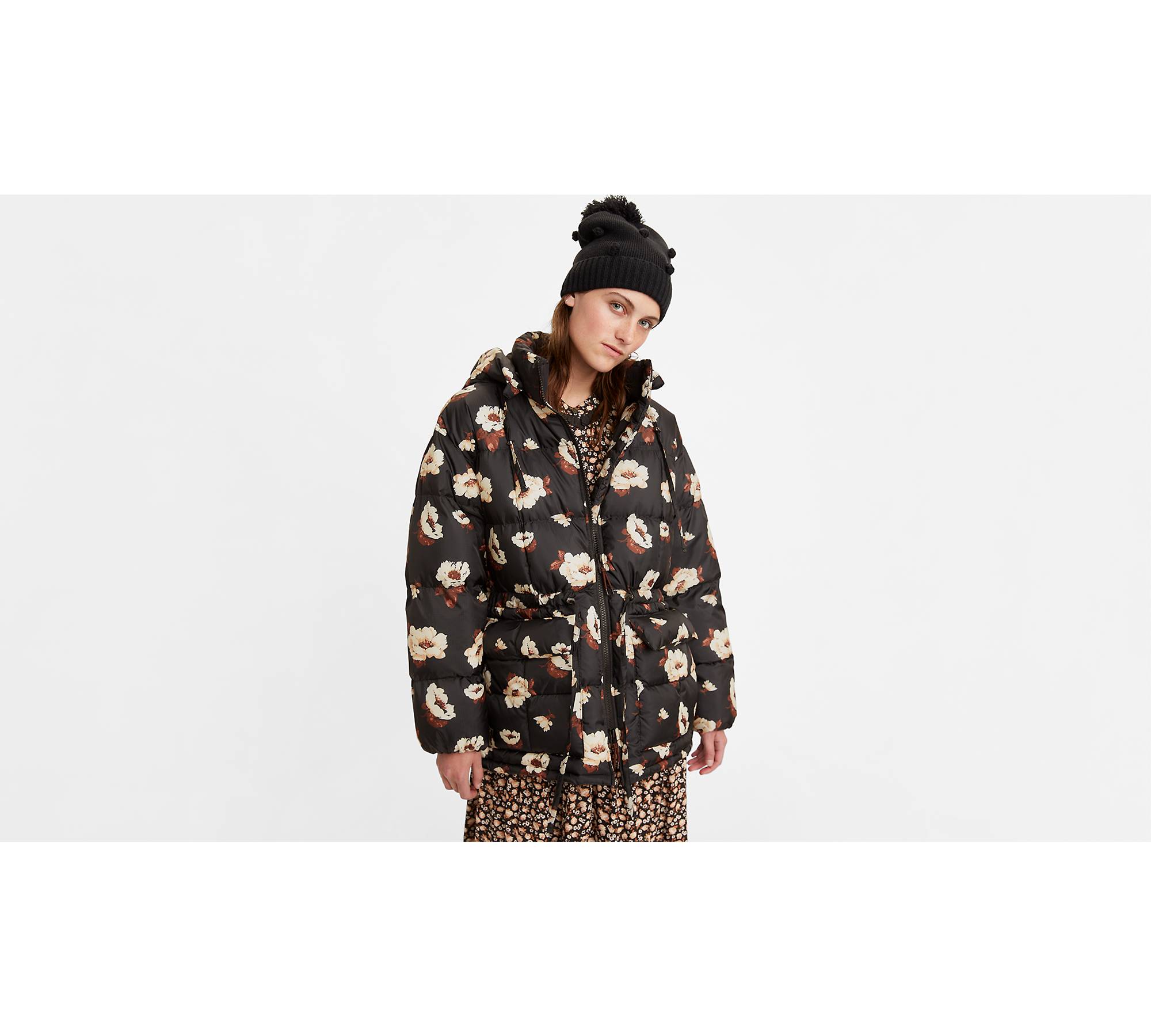 Floral Print Drawstring Waist Double Face Hooded Coat
