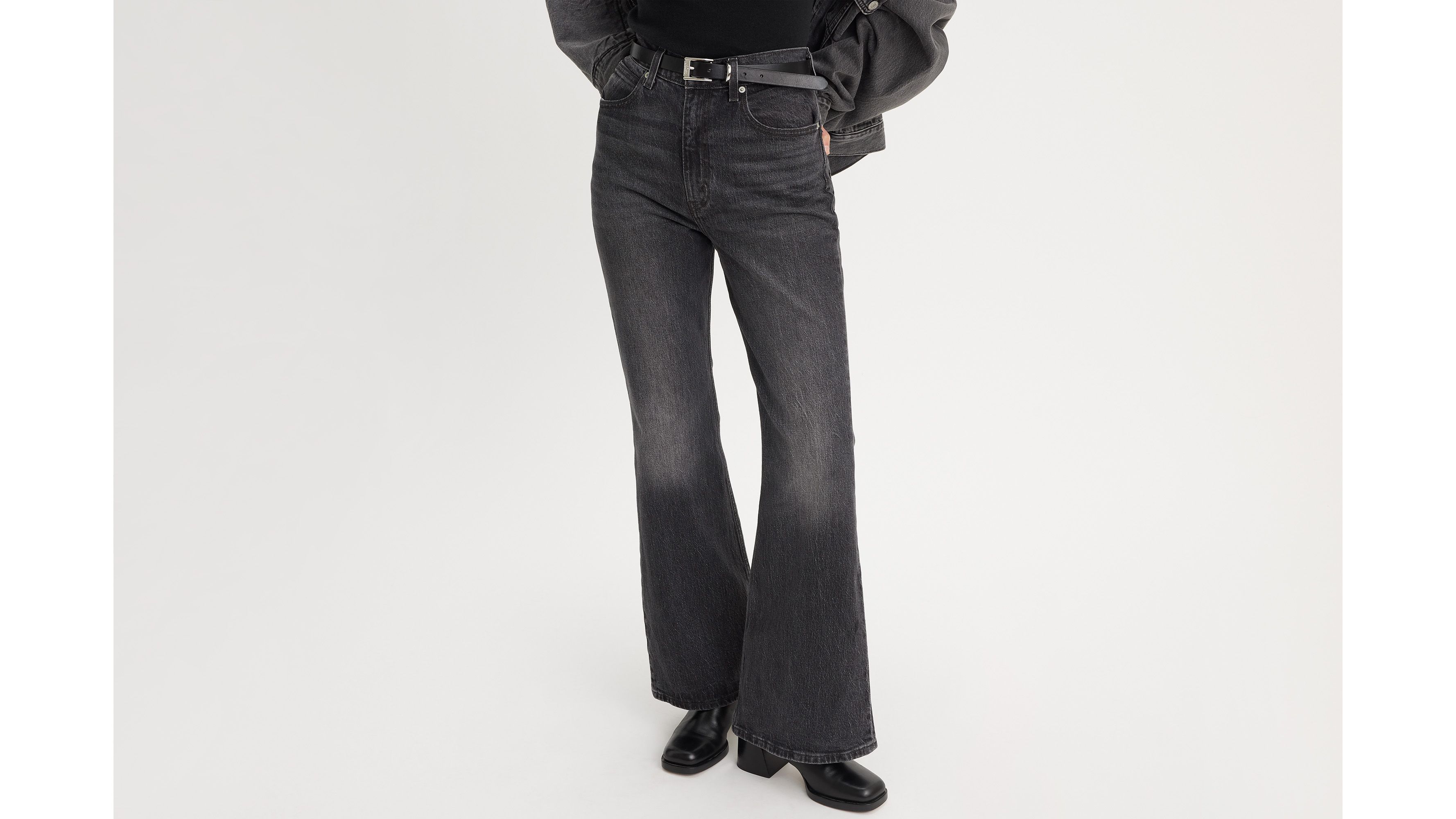 70s High Flare Washed Black High Rise Jeans