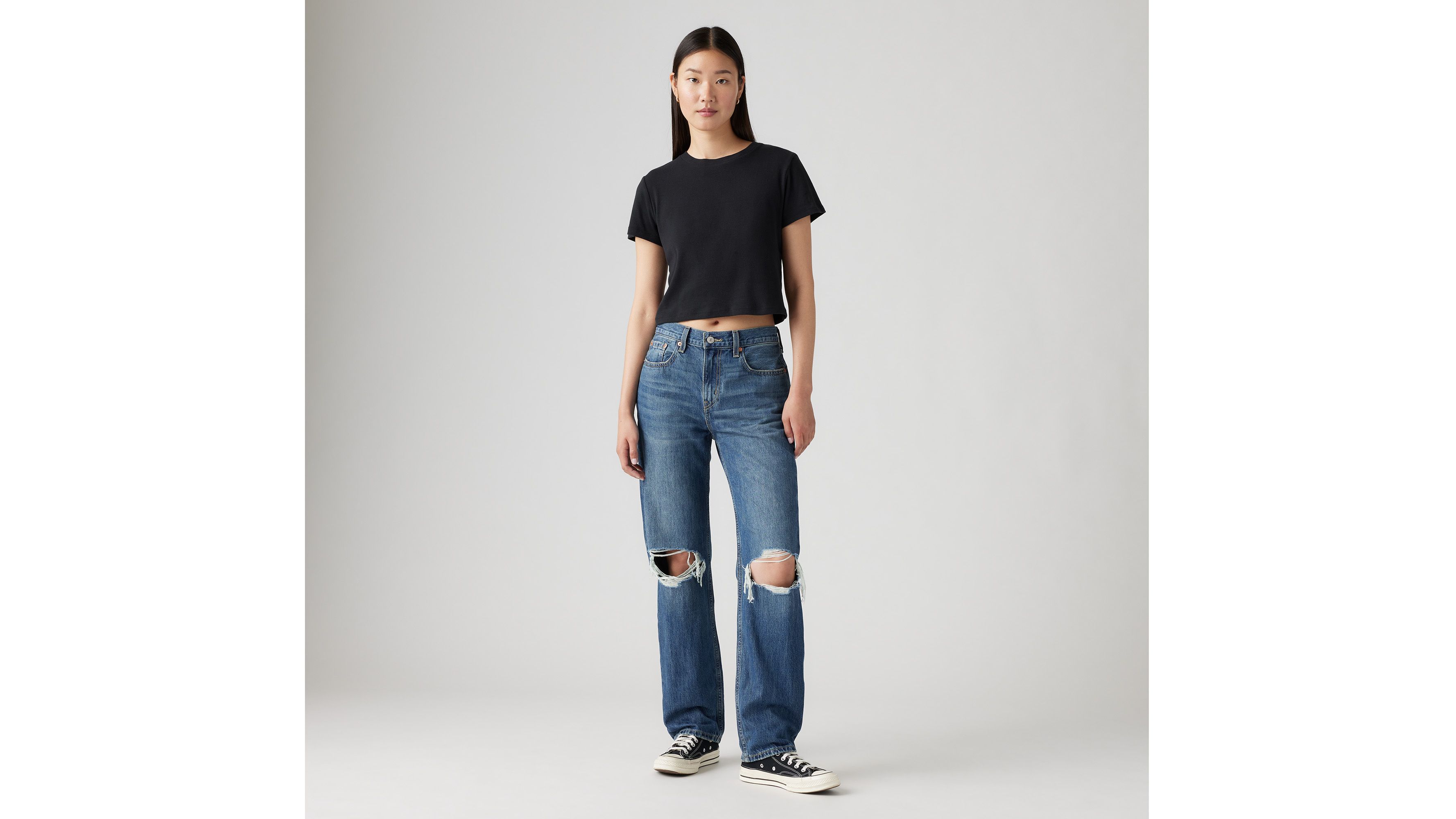 Fashionable long inseam Tall Women Jeans High Waist Solid Color