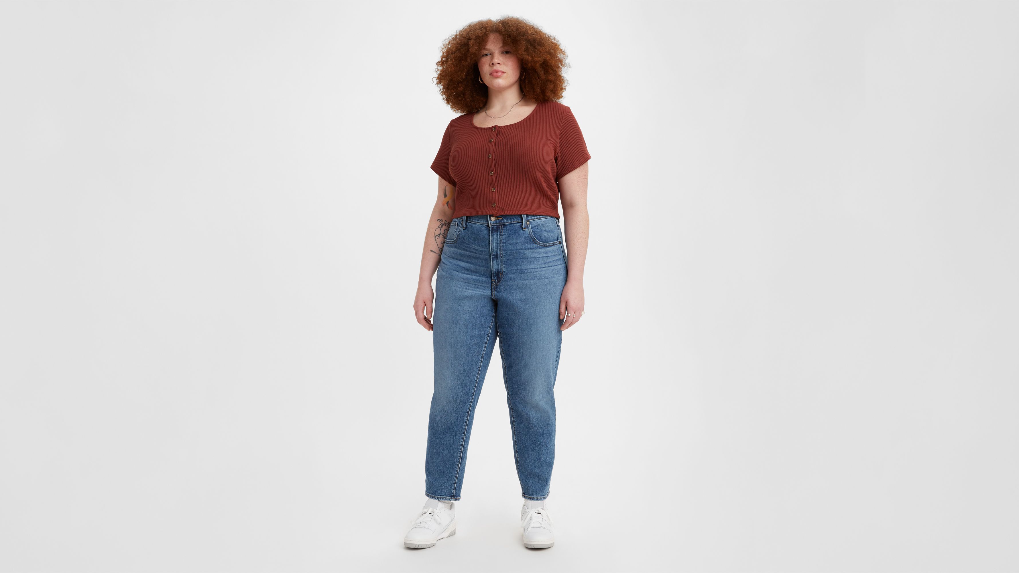 Jean mom taille haute pour femme (taille plus) - lavé moyen