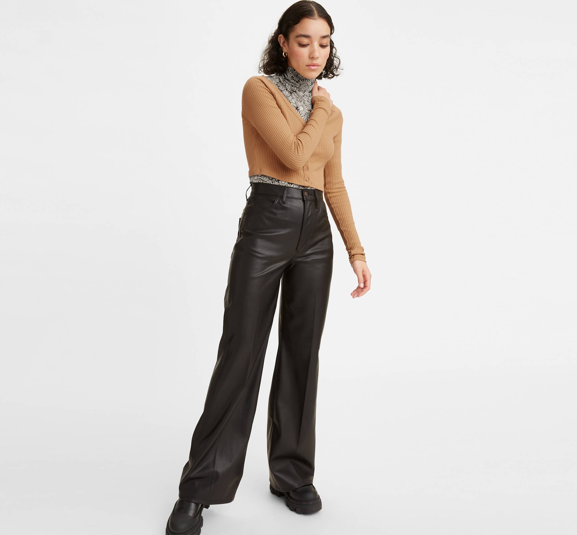 70's Flare Faux Leather Jeans - Black