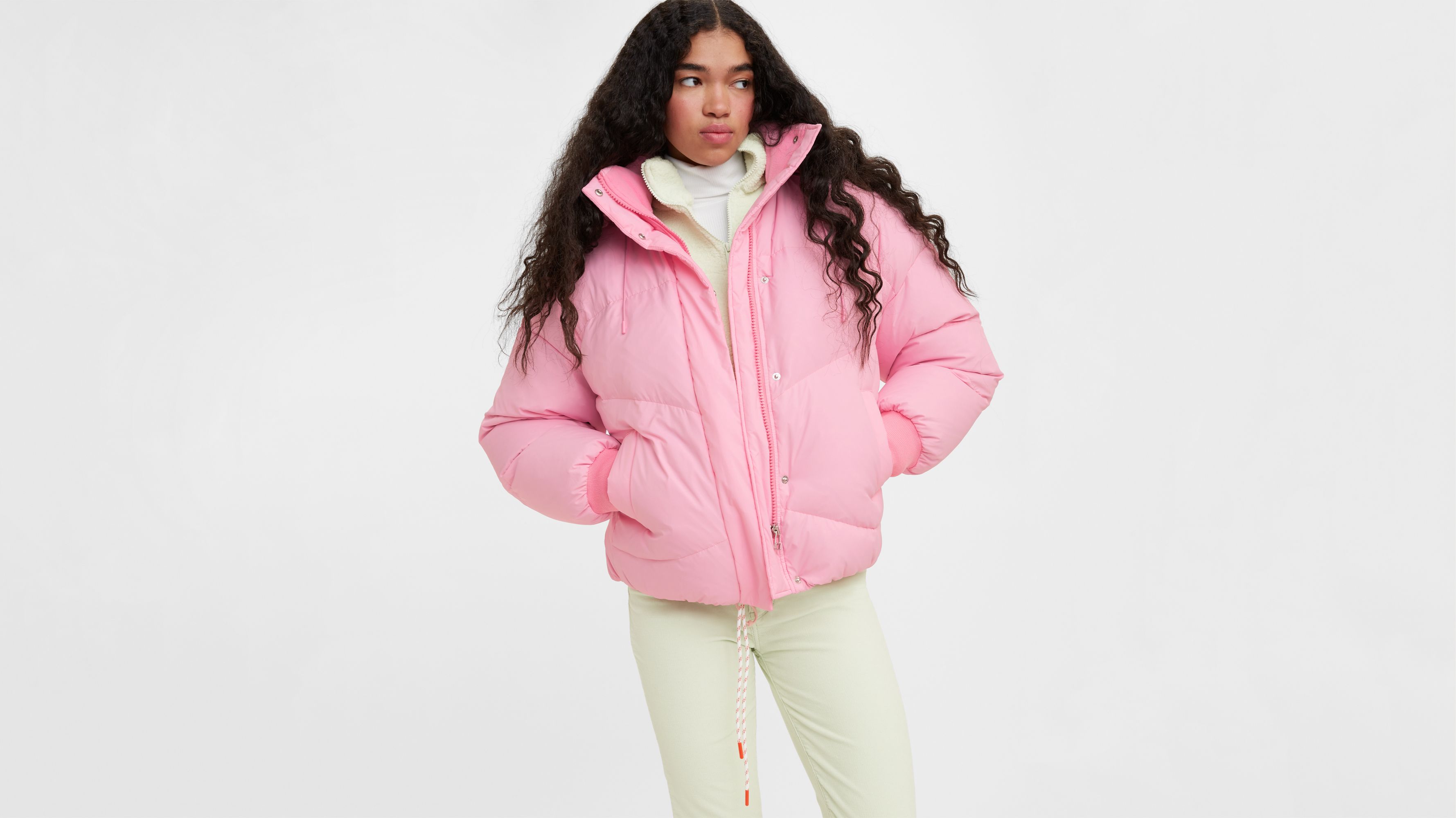 Light pink puffer jacket with hood on sale