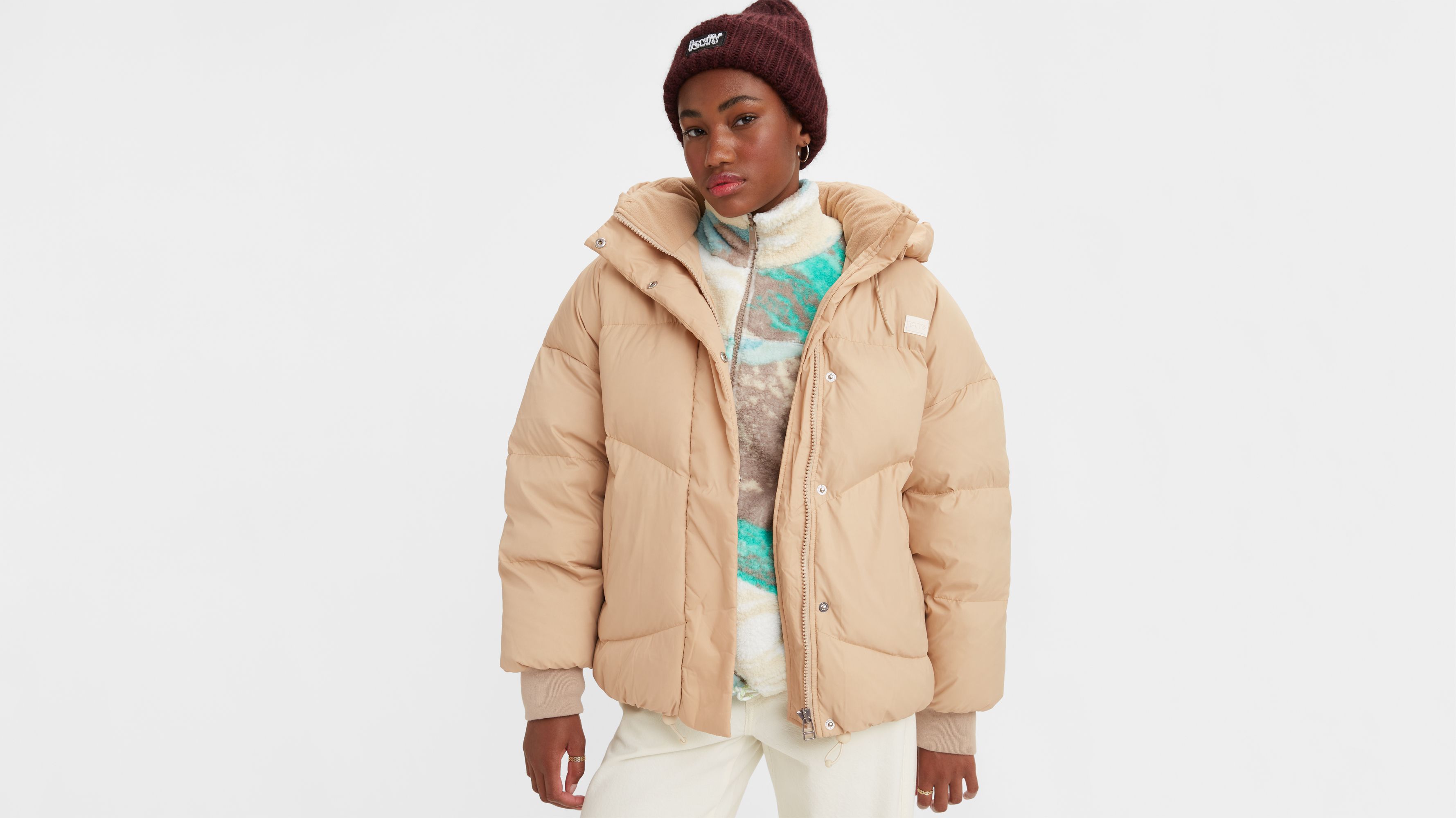 Tan puffer cheap jacket women's