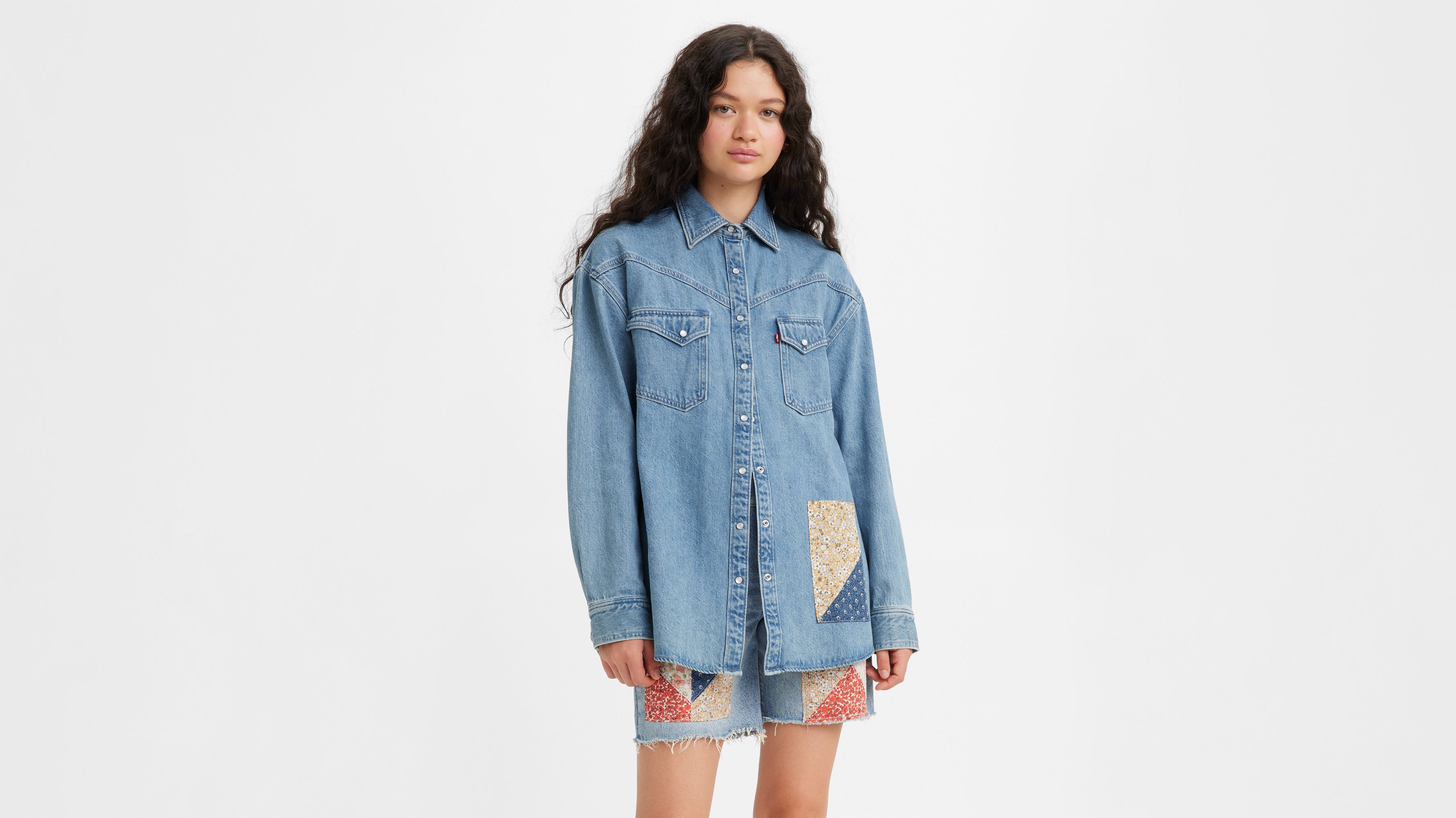 Lucky Brand Women's Cotton Denim Patchwork Button-Front Shirt - Macy's