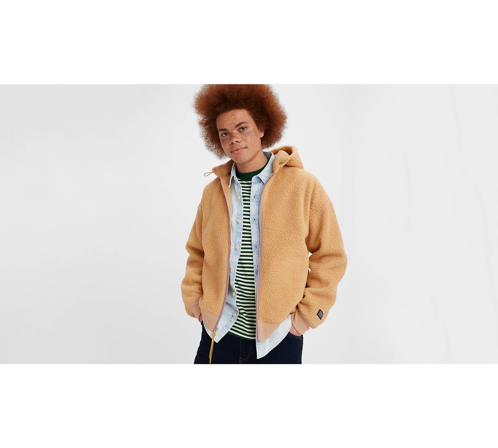 Lucky Brand Men's Long Sleeve Zip Front Hoodie Sherpa Jacket, Tan