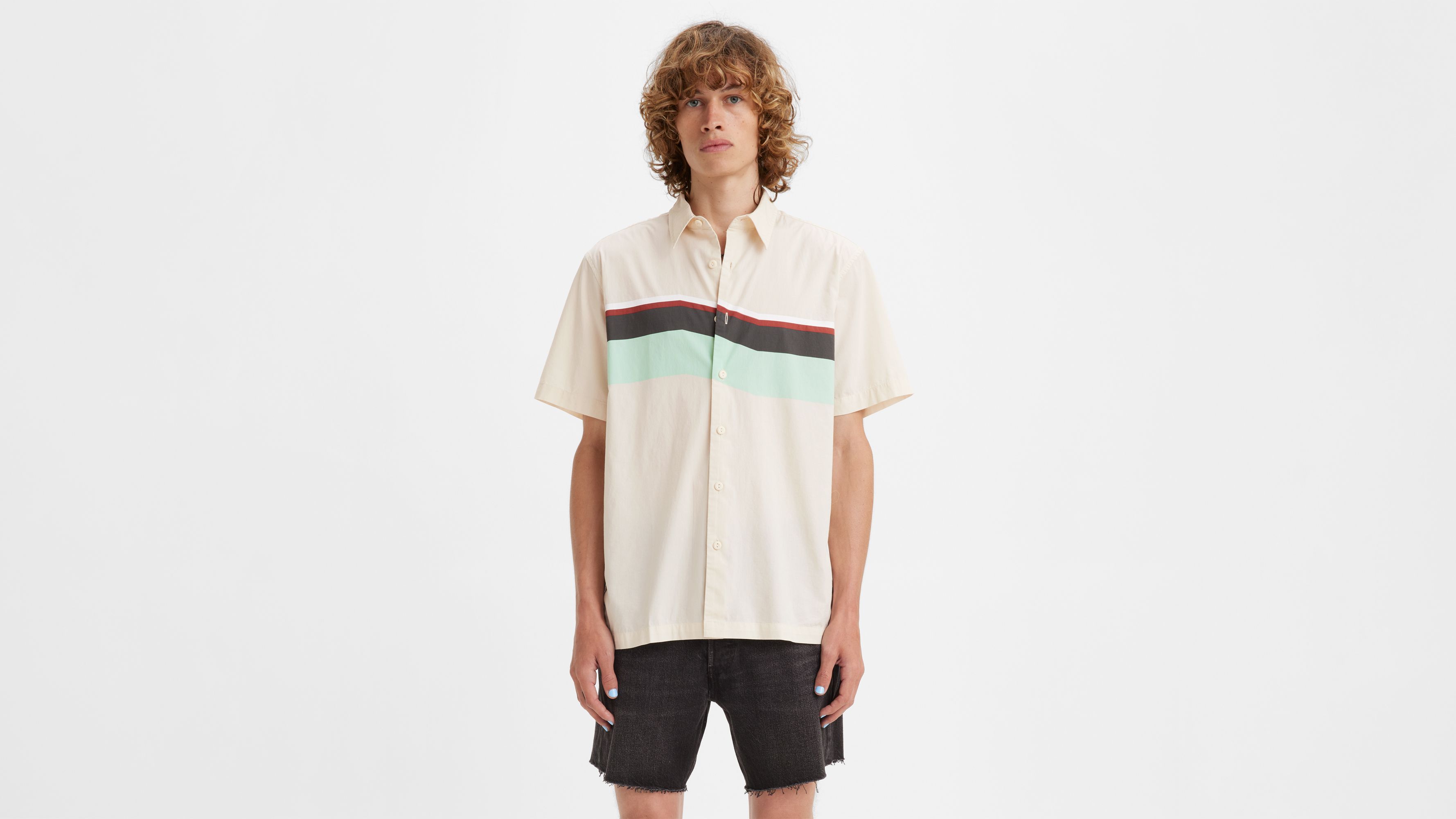 【PERSTEP】★24SS★STRIPE COOL LOOSE FIT HALF SHIRT Men'S Striped Short Sleeve Shirts Classic Business Casual