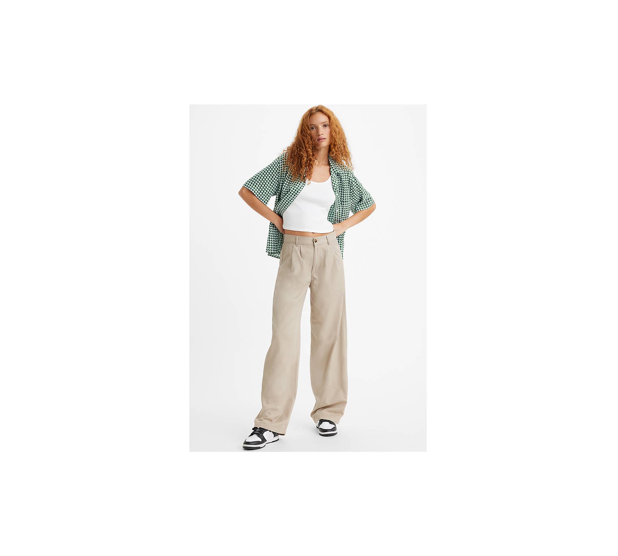 High Rise Pleated Baggy Trouser Pants - Brown