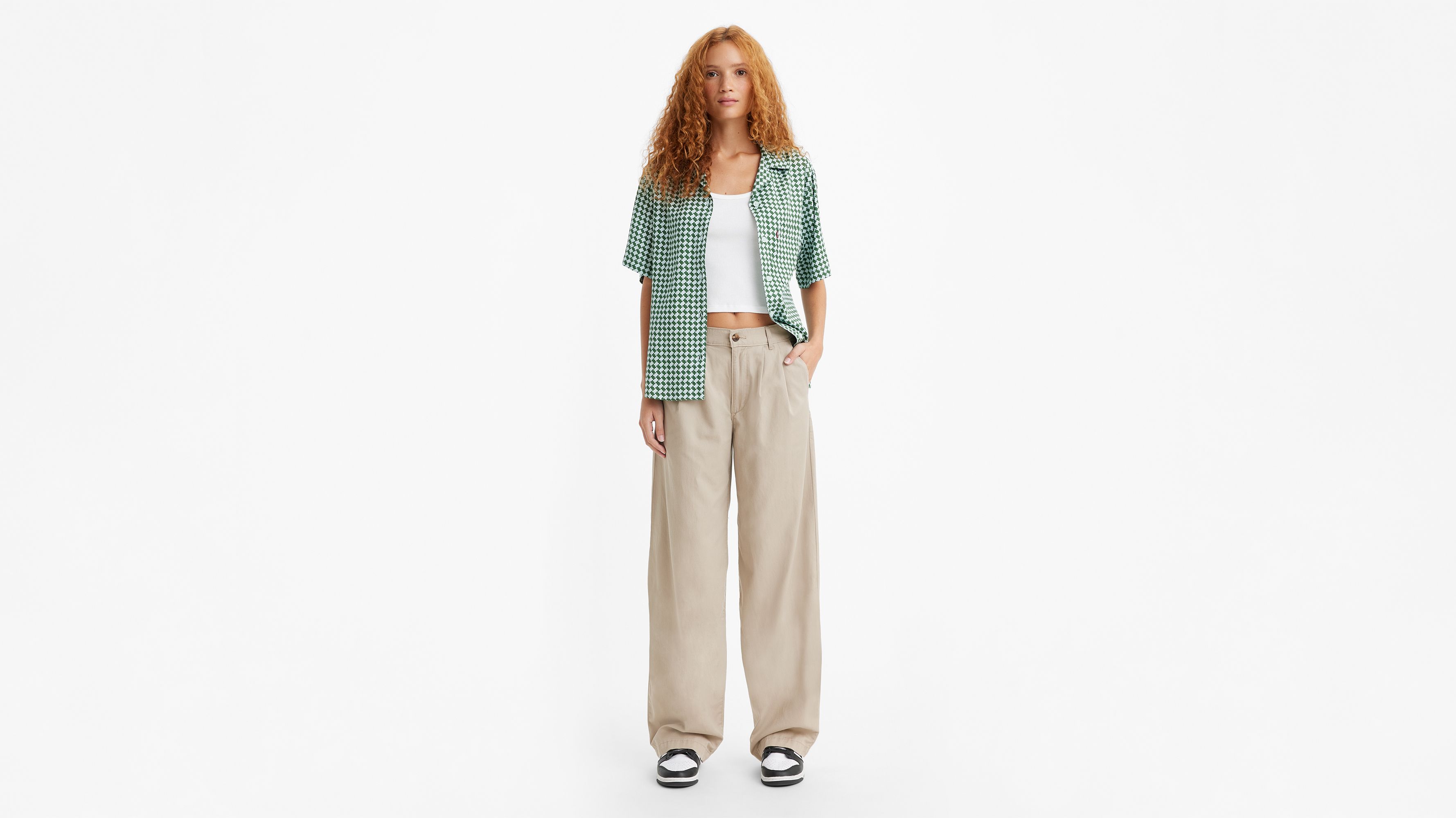 Pantalones Holgados De Cintura Alta Con Pliegues - Neutral