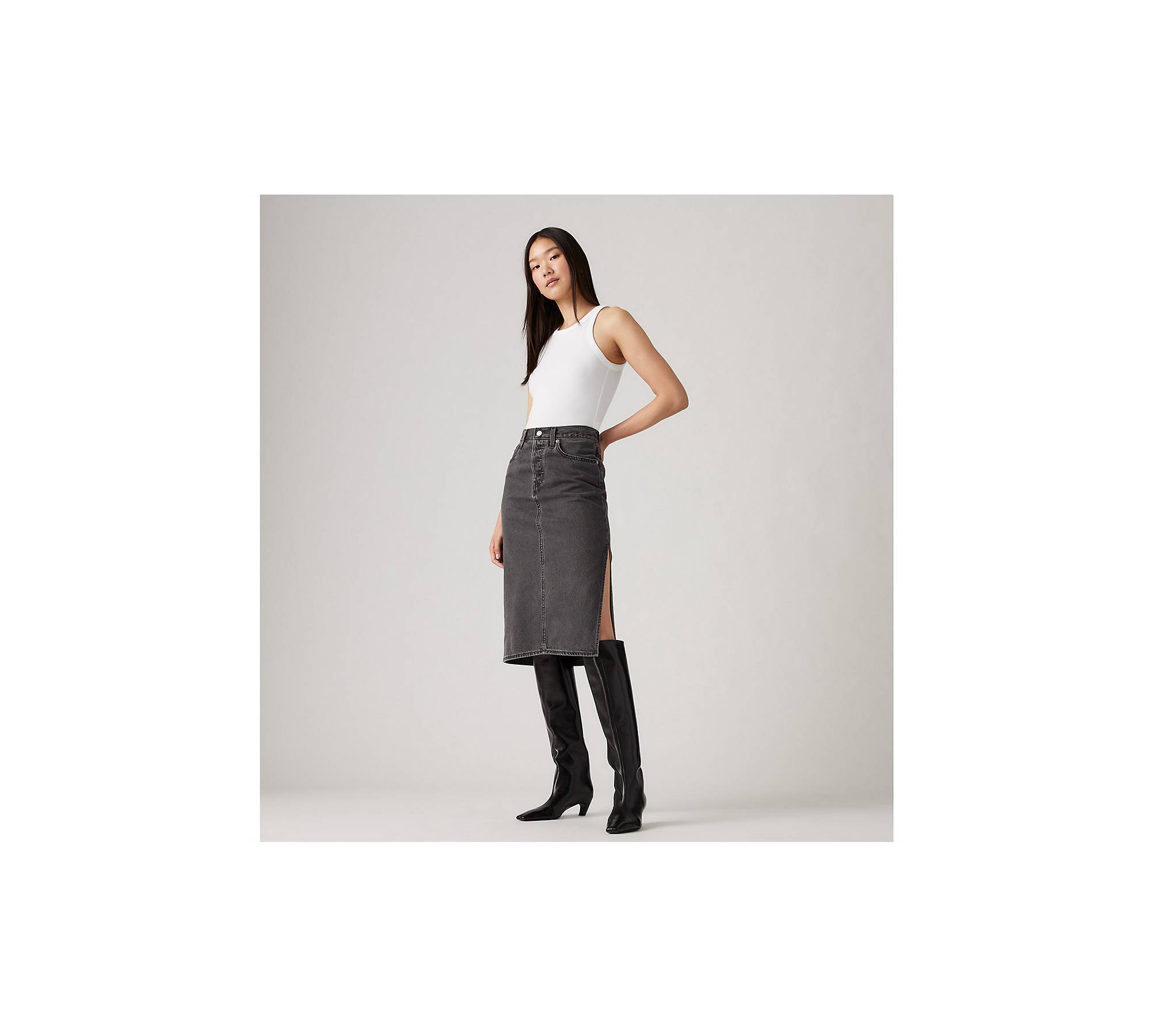 Slit-hem Skirt - Black/white patterned - Ladies