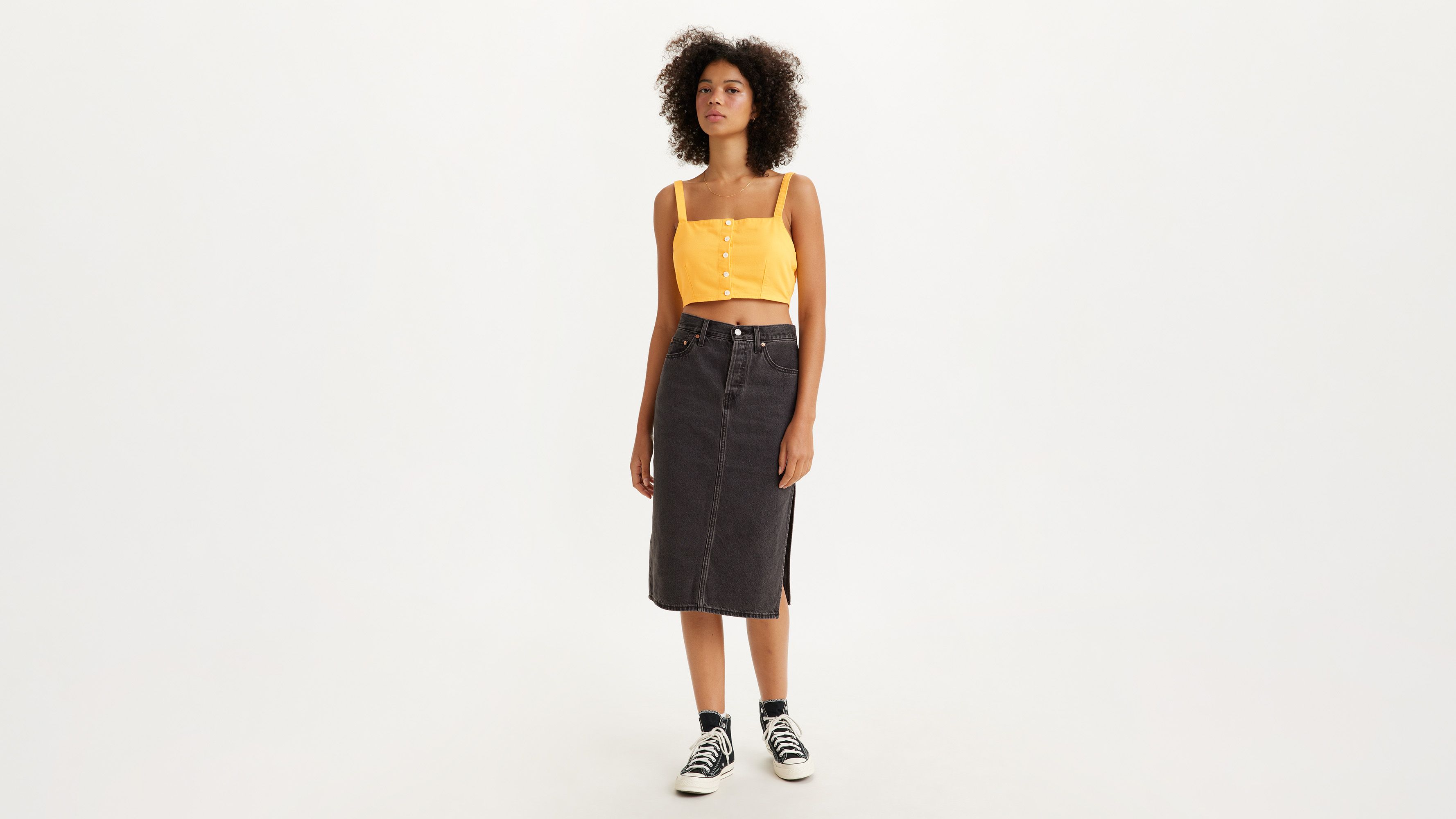 スカート Polysooem : 25SS / DENIM EYELET BELTED SLIT SKIRT (BLACK) POLYSOOEM DENIM EYELET BELTED SLIT SKIRT