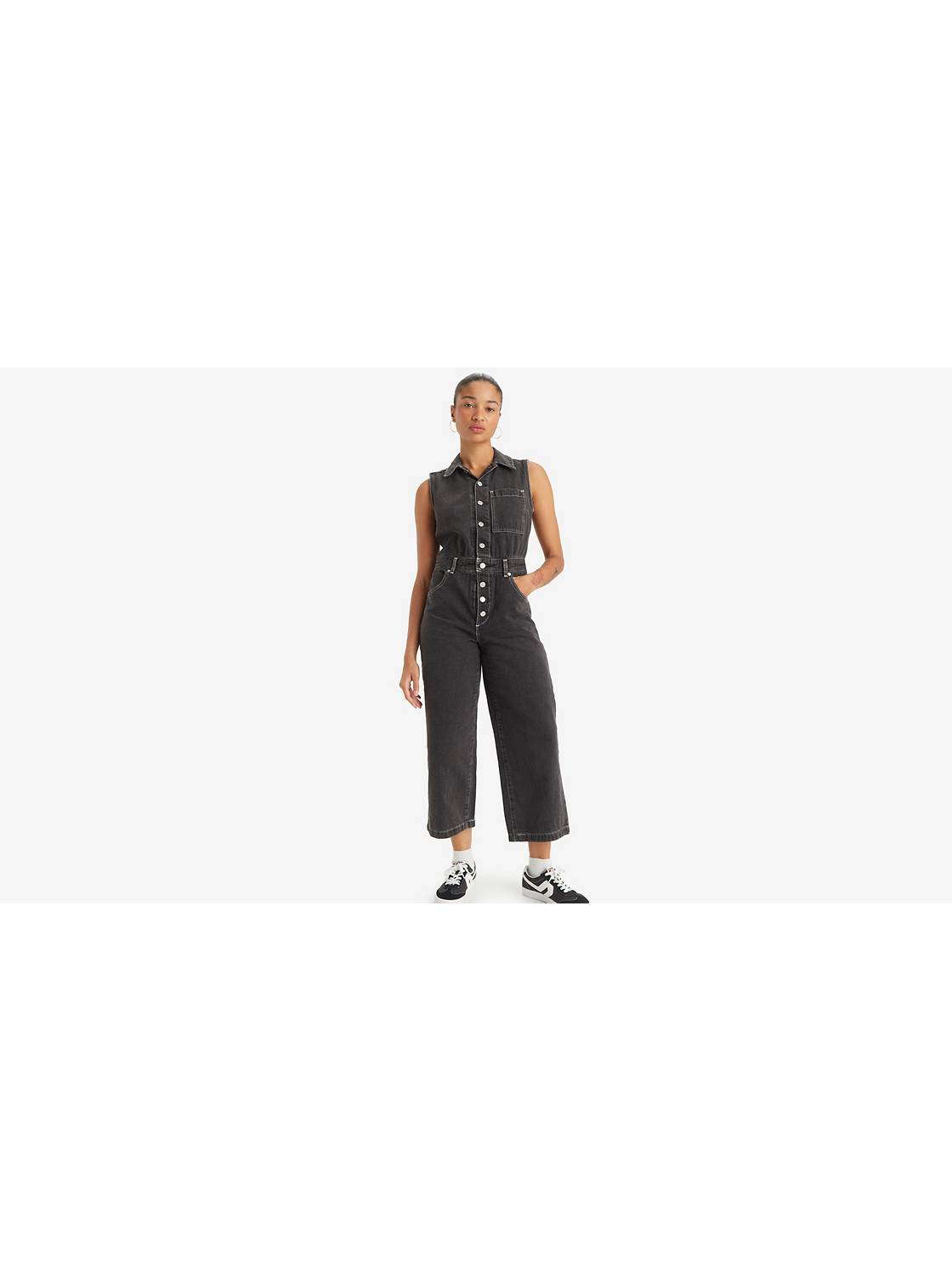 Overalls Women Sleeveless Metal Button Straps Jumpsuits Solid Wide