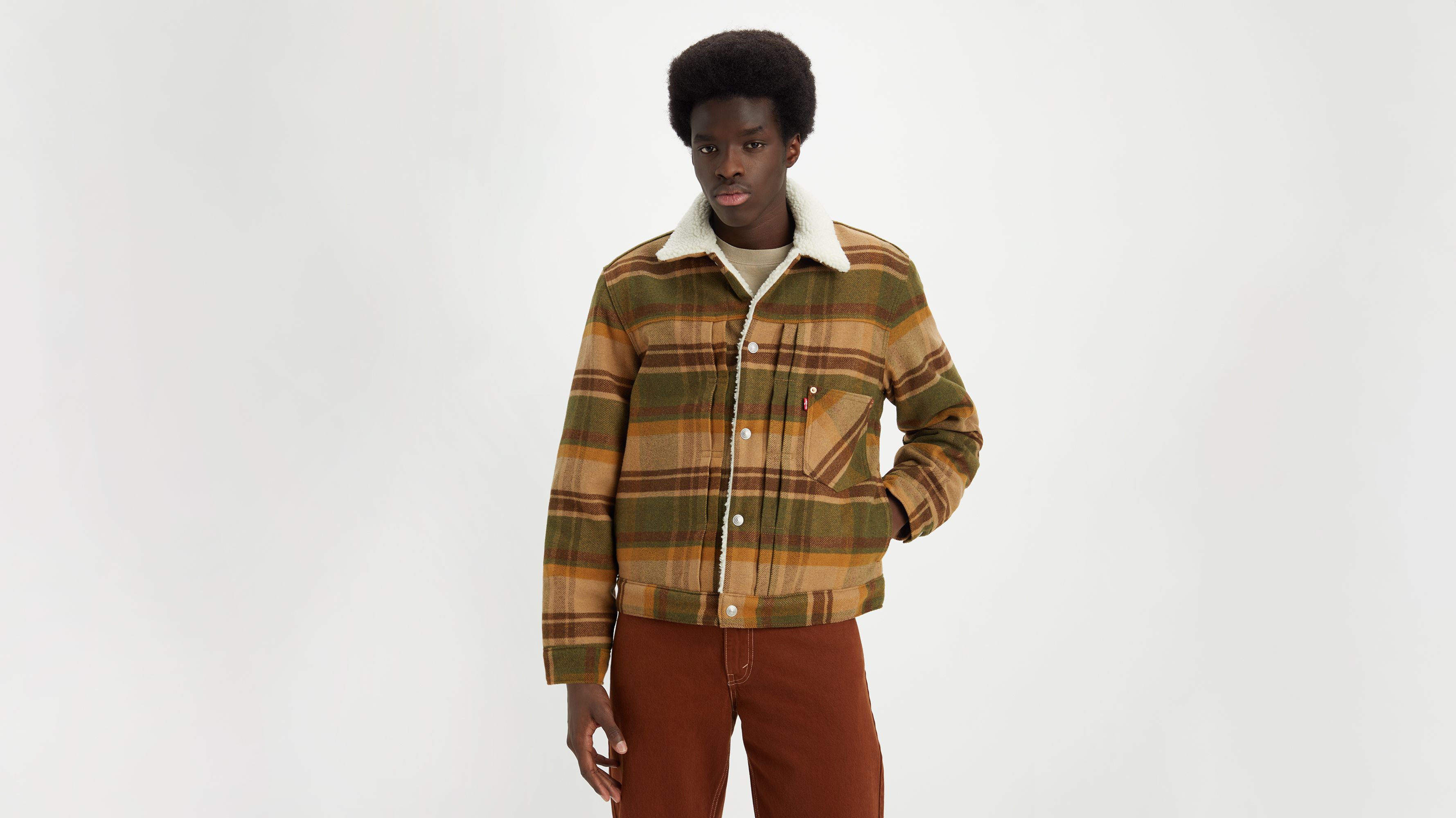 Levi's Type 1 Plaid Faux Shearling Lined Trucker Jacket in Barold Plaid Winter Moss