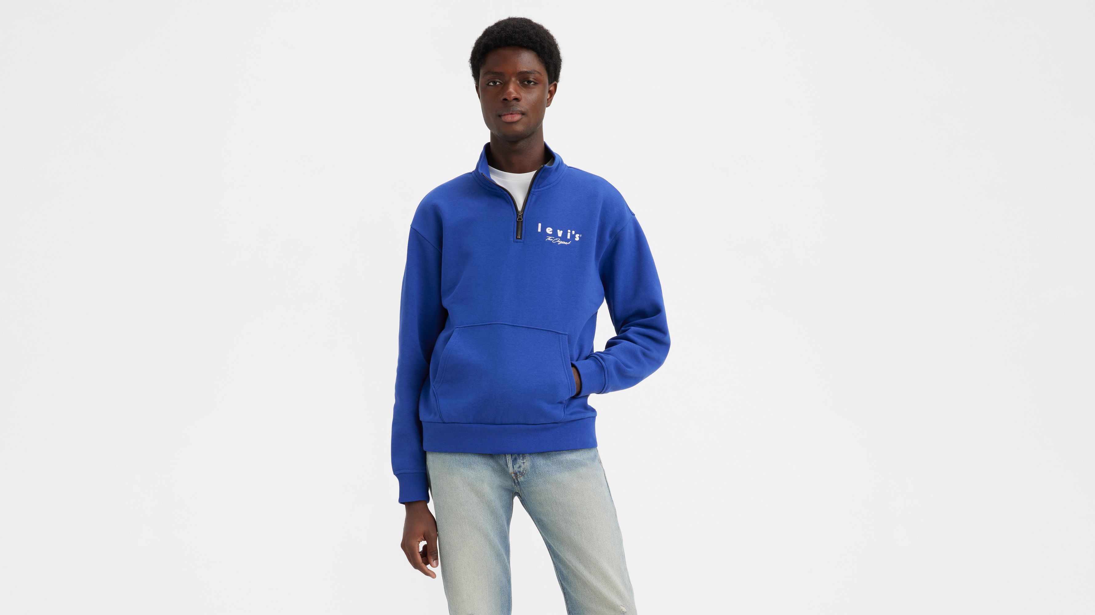 blue half zip sweatshirt