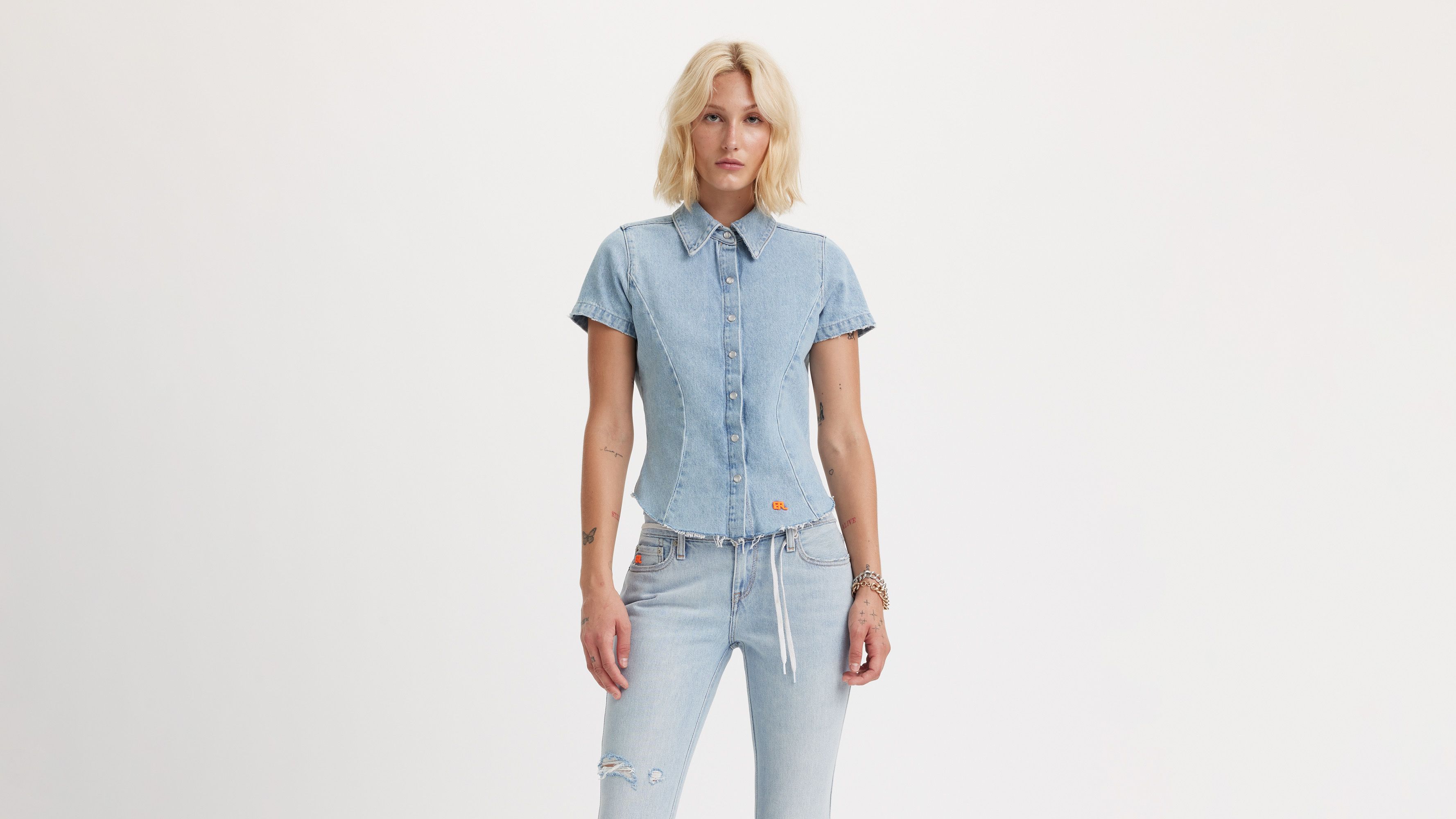 Fitted denim shirt - Dark denim blue - Ladies