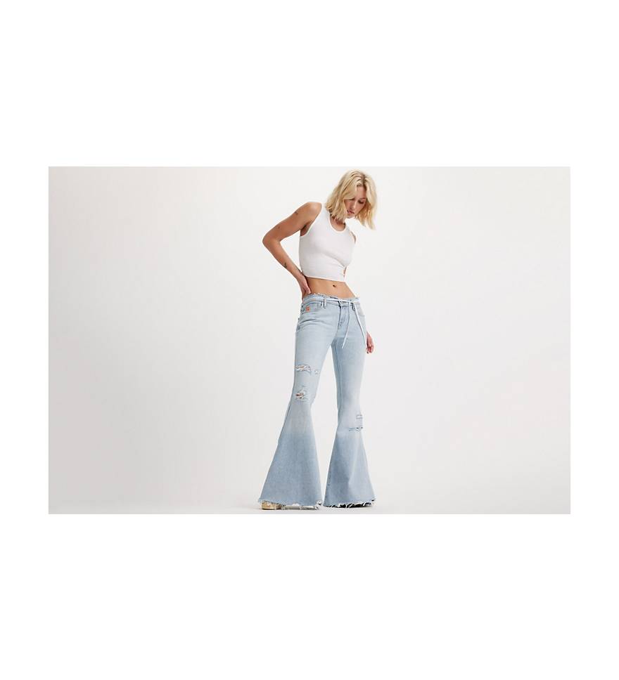 Washed Grey Fray Waist Low Rise Wide Leg Jeans