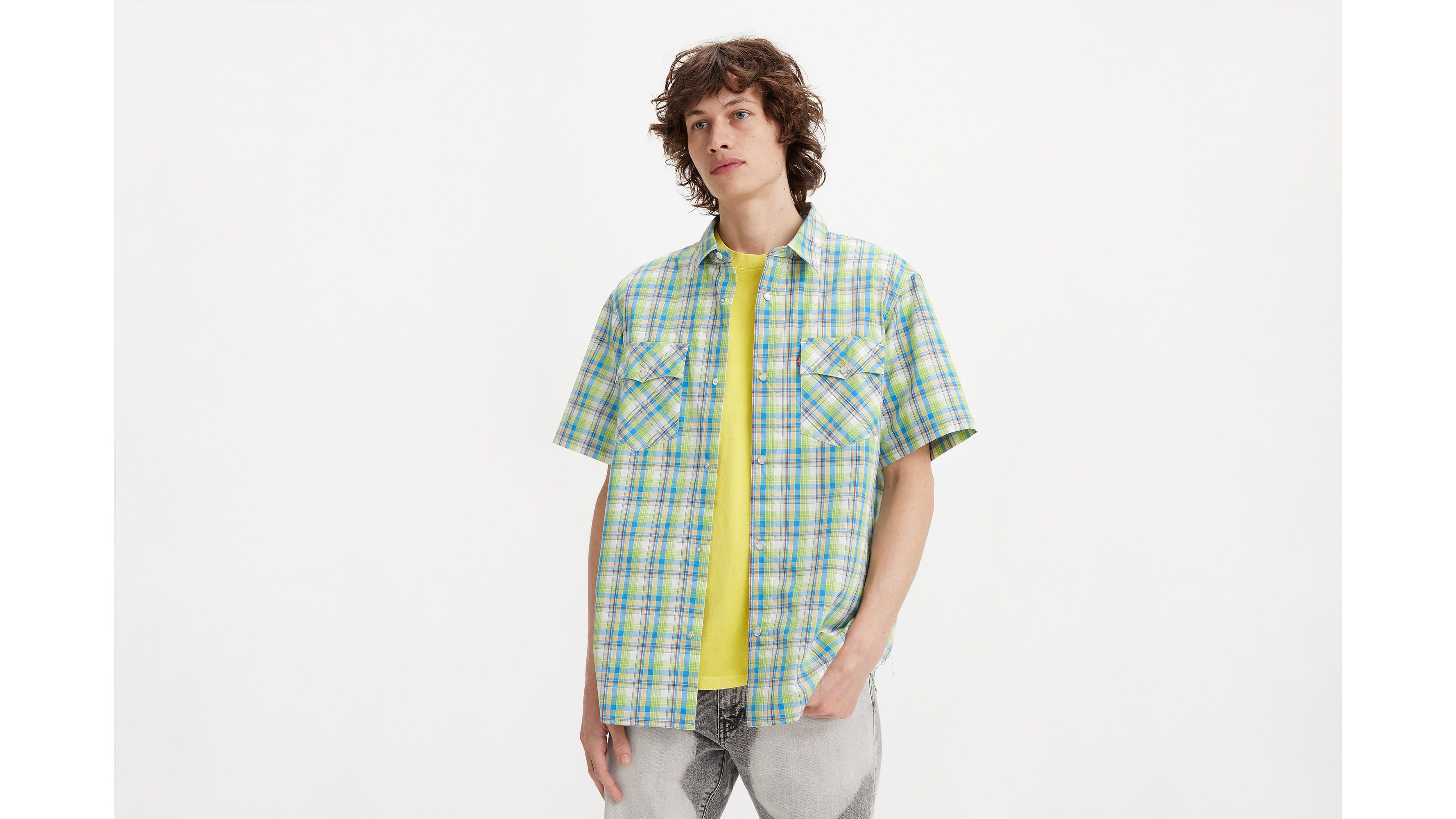 Regular Fit: short sleeve poplin shirt Blue Aop Leaves