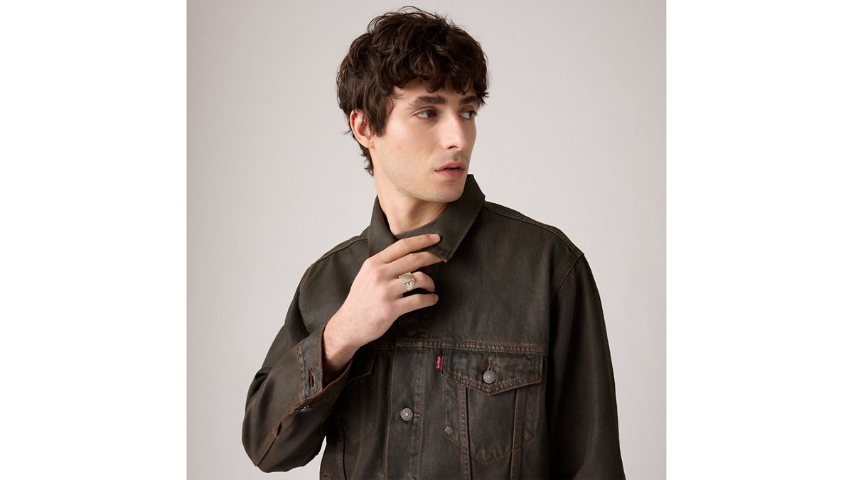 Relaxed Fit Trucker Jacket — Brown Wood Coated - Brown