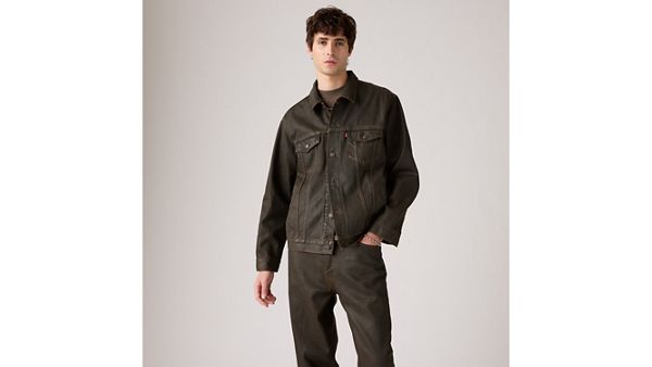 Relaxed Fit Trucker Jacket — Brown Wood Coated - Brown