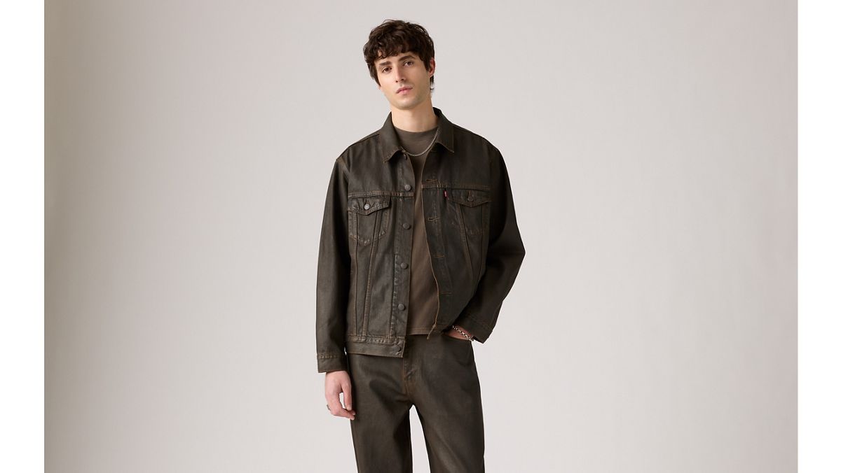 Relaxed Fit Trucker Jacket — Brown Wood Coated - Brown