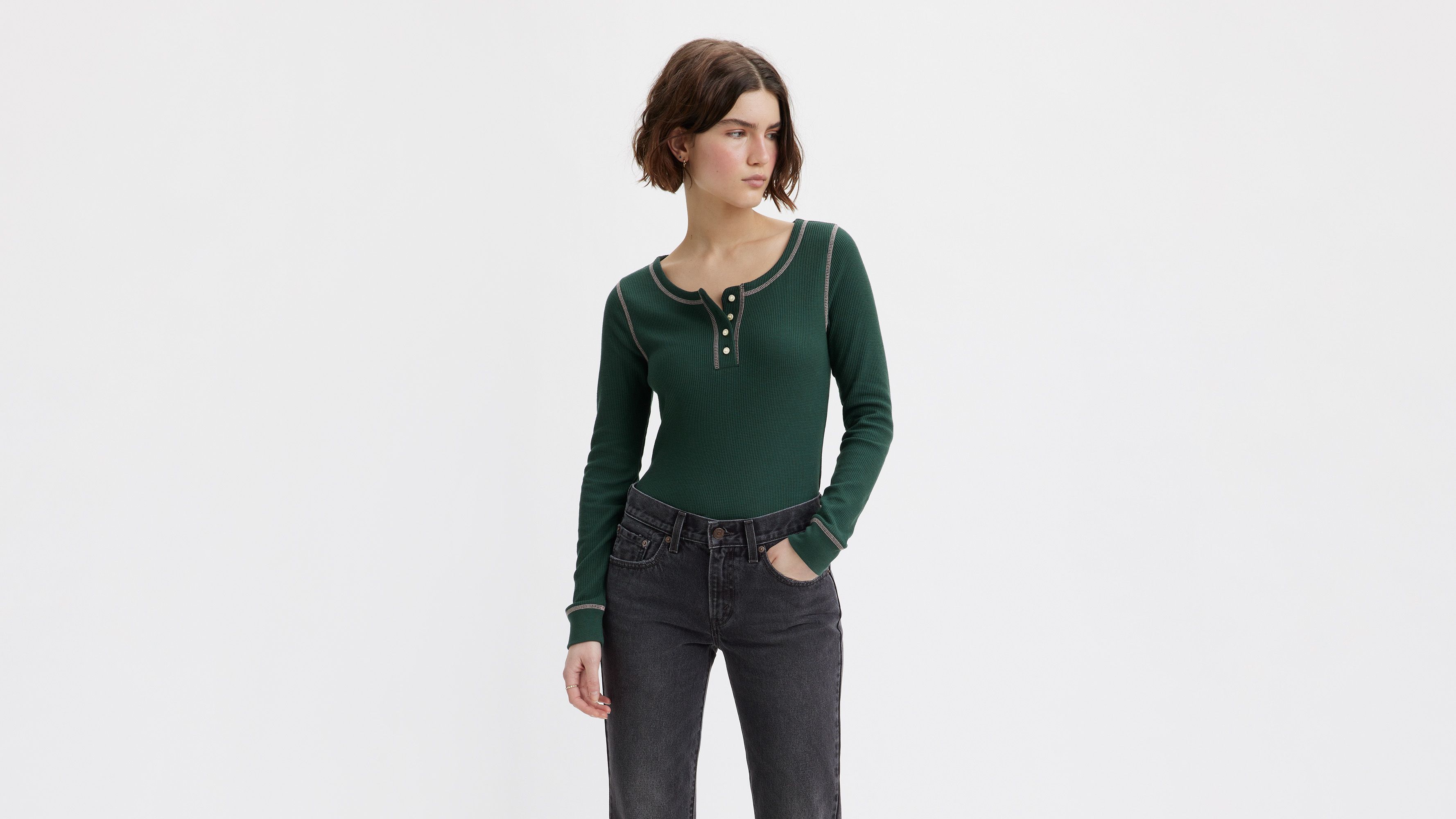 【HI FI FNK】Softy Henley Washed Top Mélange Organic Cotton Waffle Henley Sleep Top | EILEEN FISHER