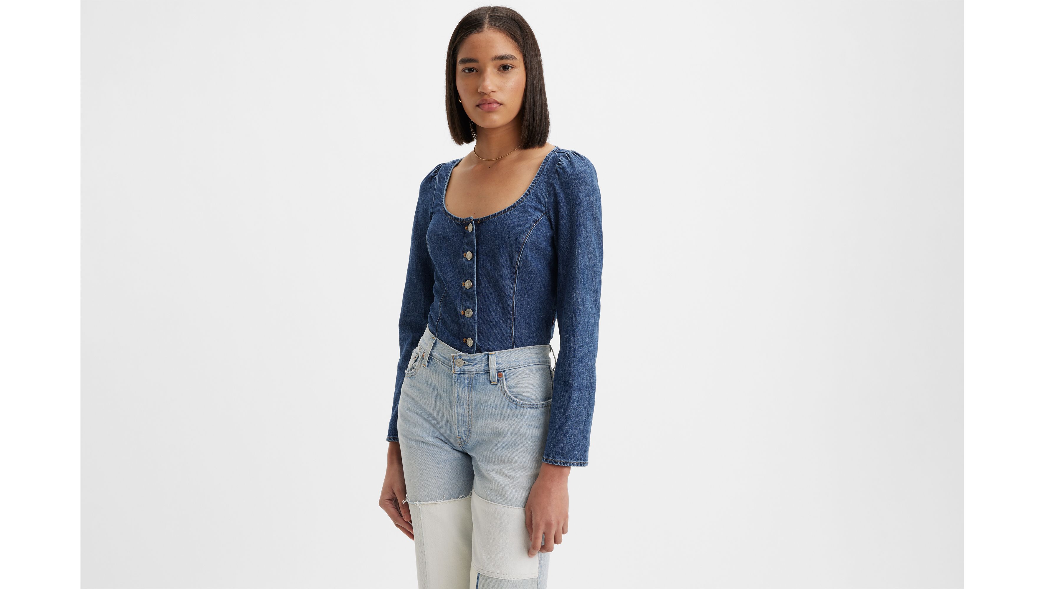 Trendy Cowgirl  Denim Long Sleeve Corset Top ( Medium Wash )