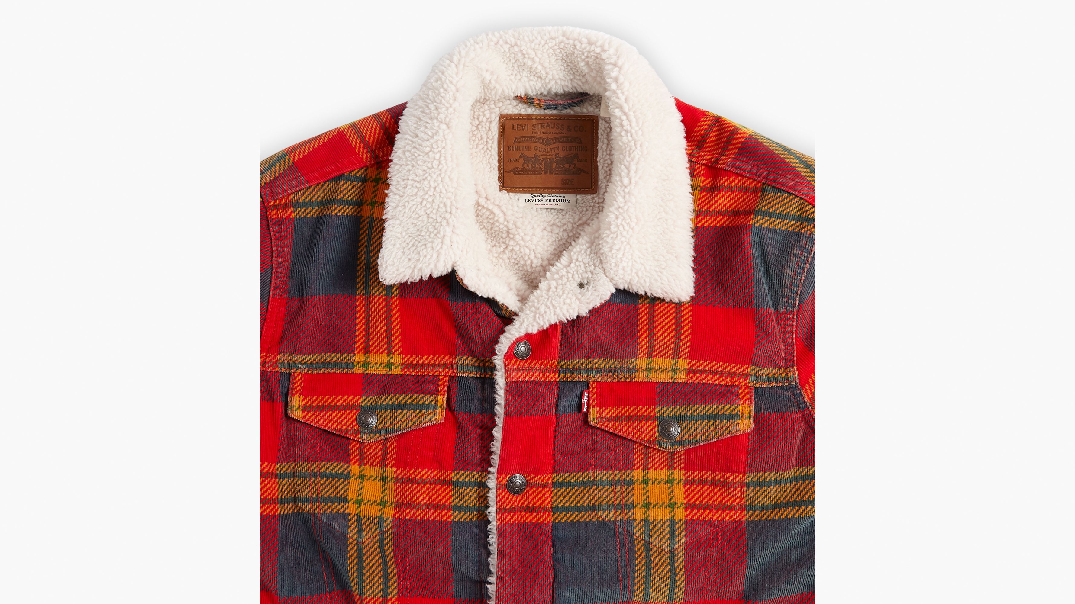 Levi's men's sherpa trucker jacket red tibetan on sale plaid