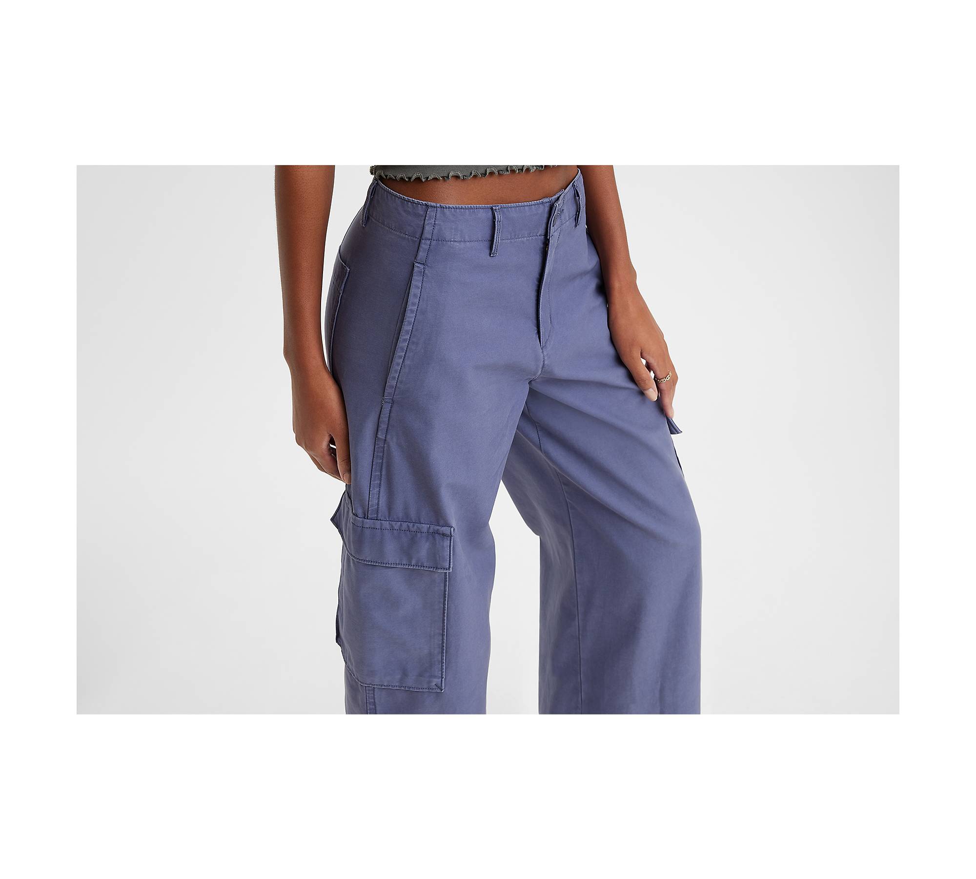 Women Blue Cargo Pants Comfortable Long Denim Cargo Fashion Solid Color  Loose Fit Wide Leg Multi-Pocket Jeans