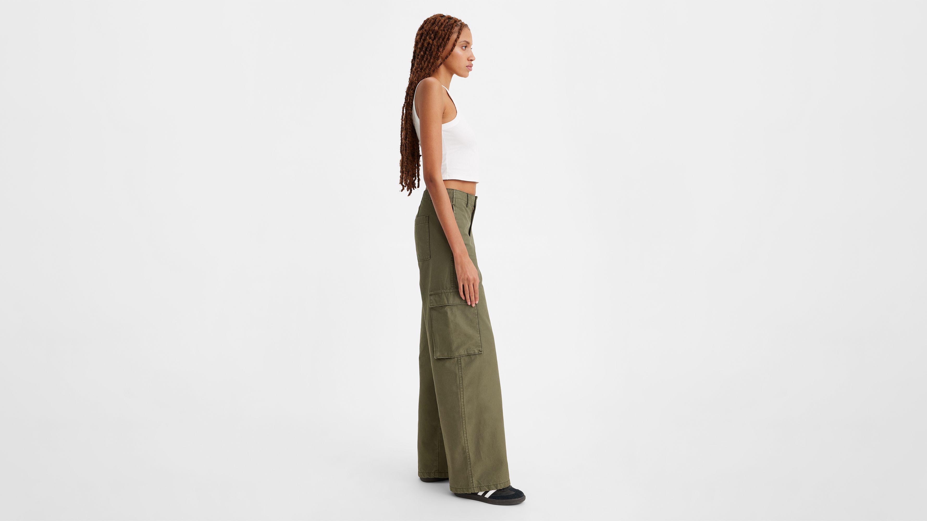 Plain Army Green Side Flap Pockets Cargo Jeans, High * Loose Fit Comfy  Denim Pants, Women's Denim Jeans & Clothing