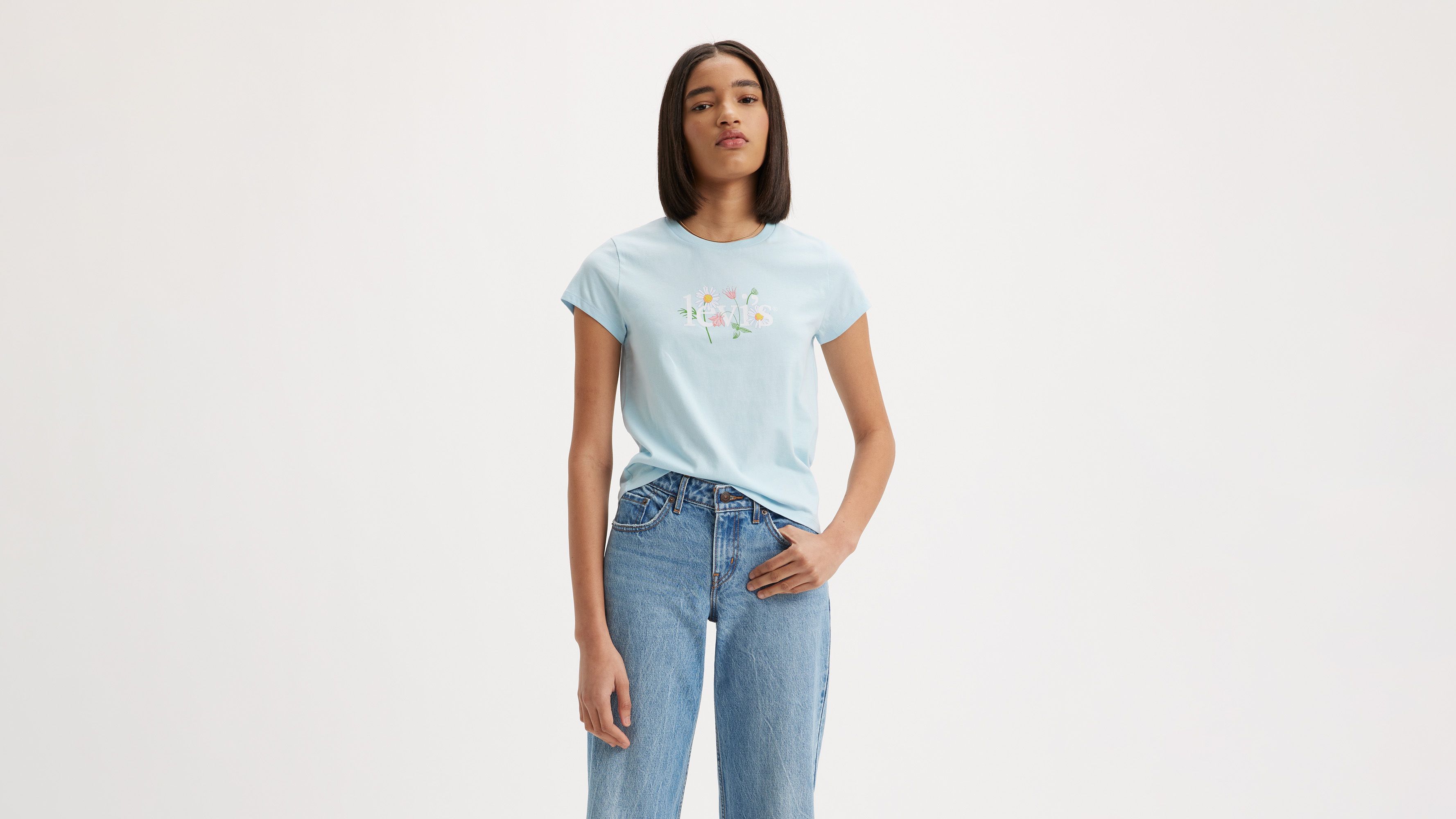 white shirt with blue graphic