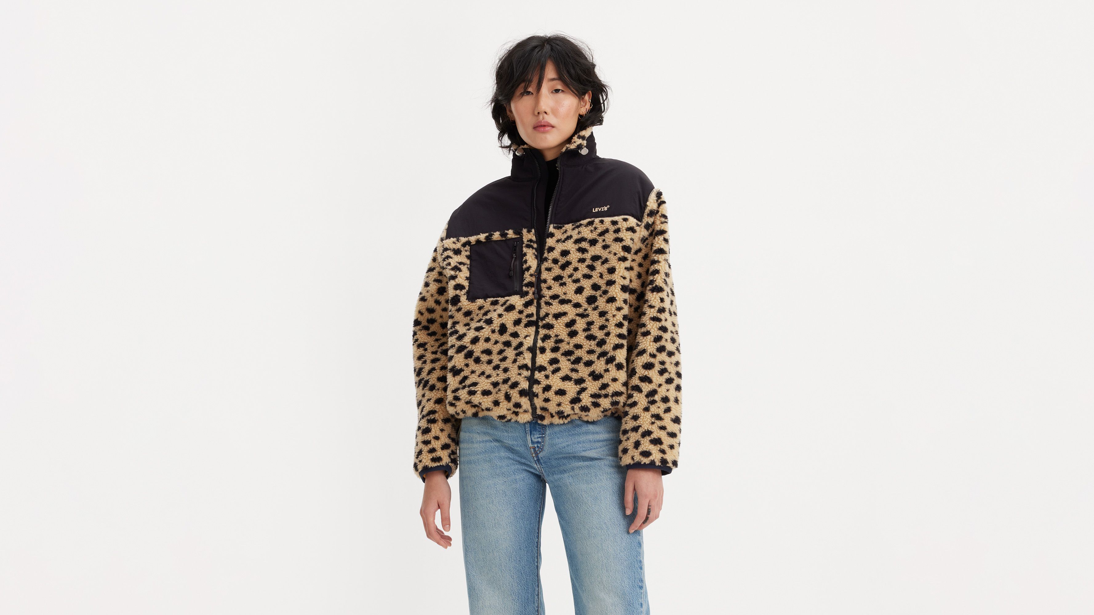 Levi's Zip thru sherpa jacket in leopard print with logo