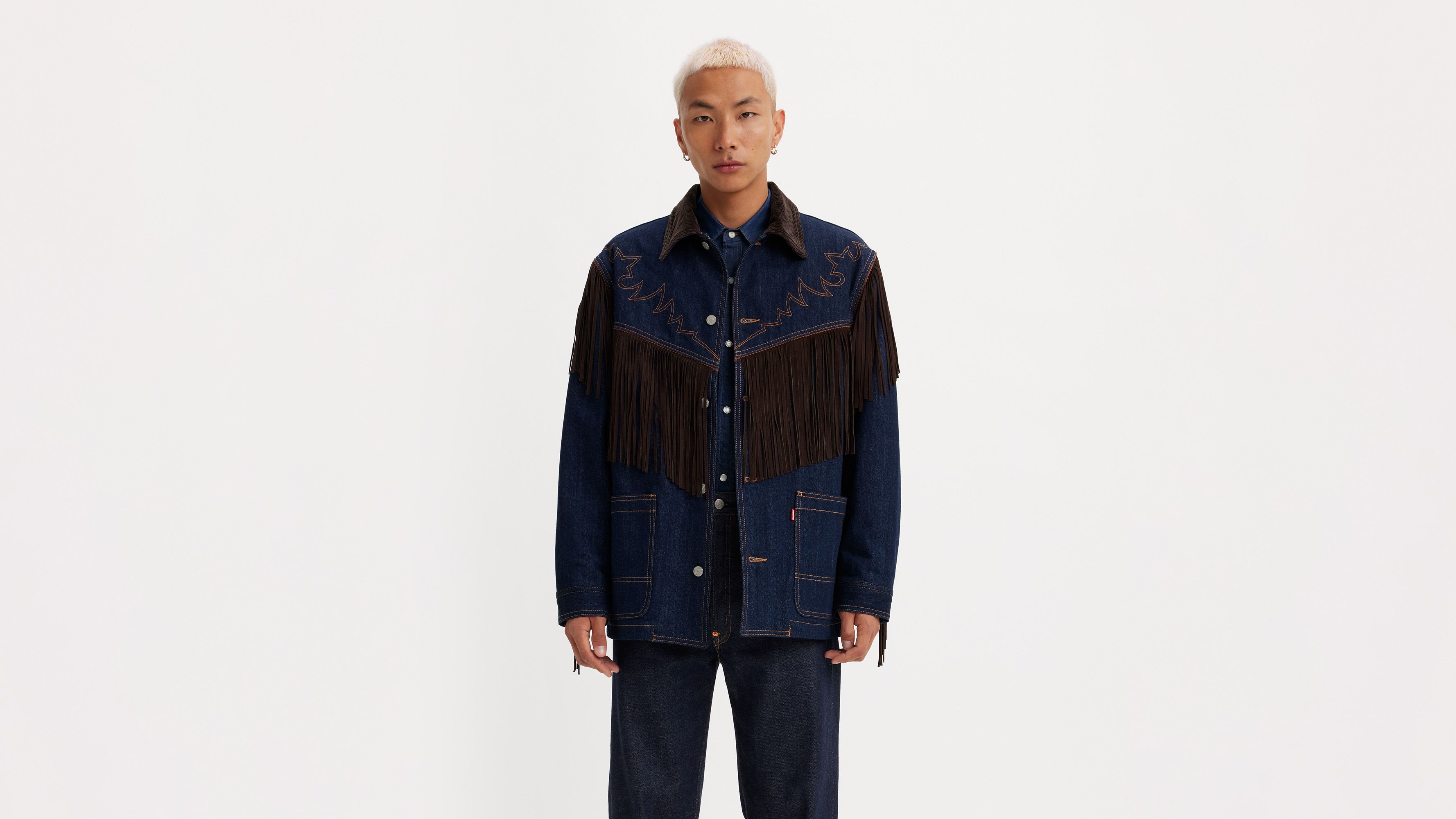 Mens denim clearance jacket with fringe