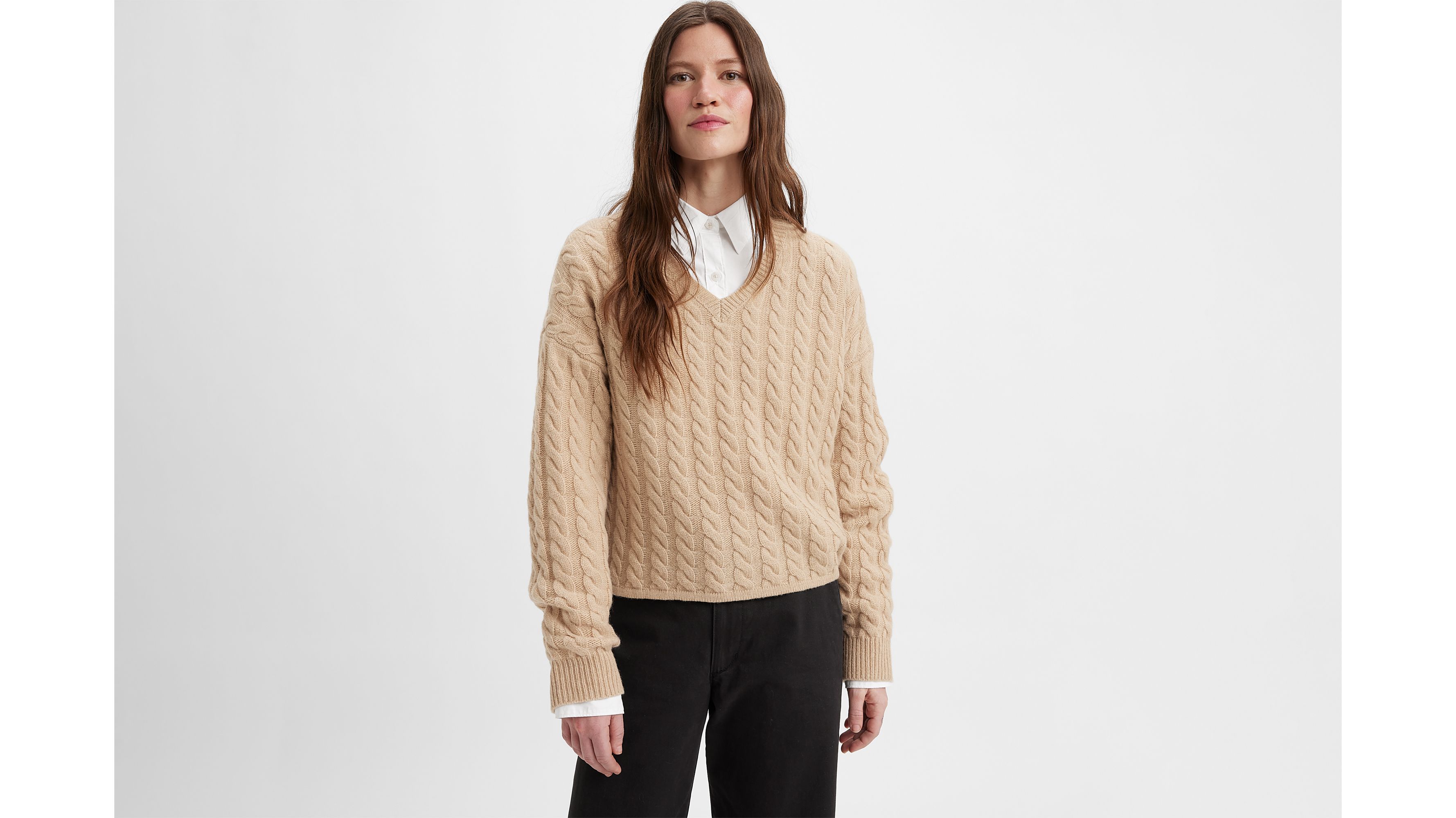 WynneLayers SoftKNIT Mixed Media Cable Sweater with Shirt Collar - 20615656