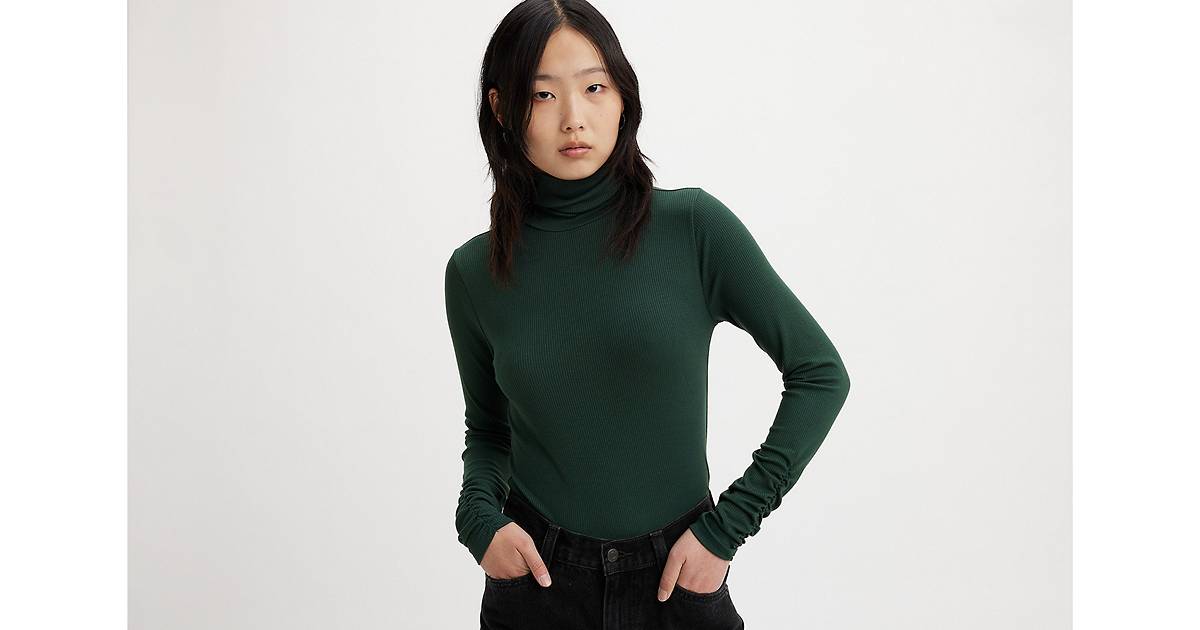 Ruched Turtleneck Top - Green
