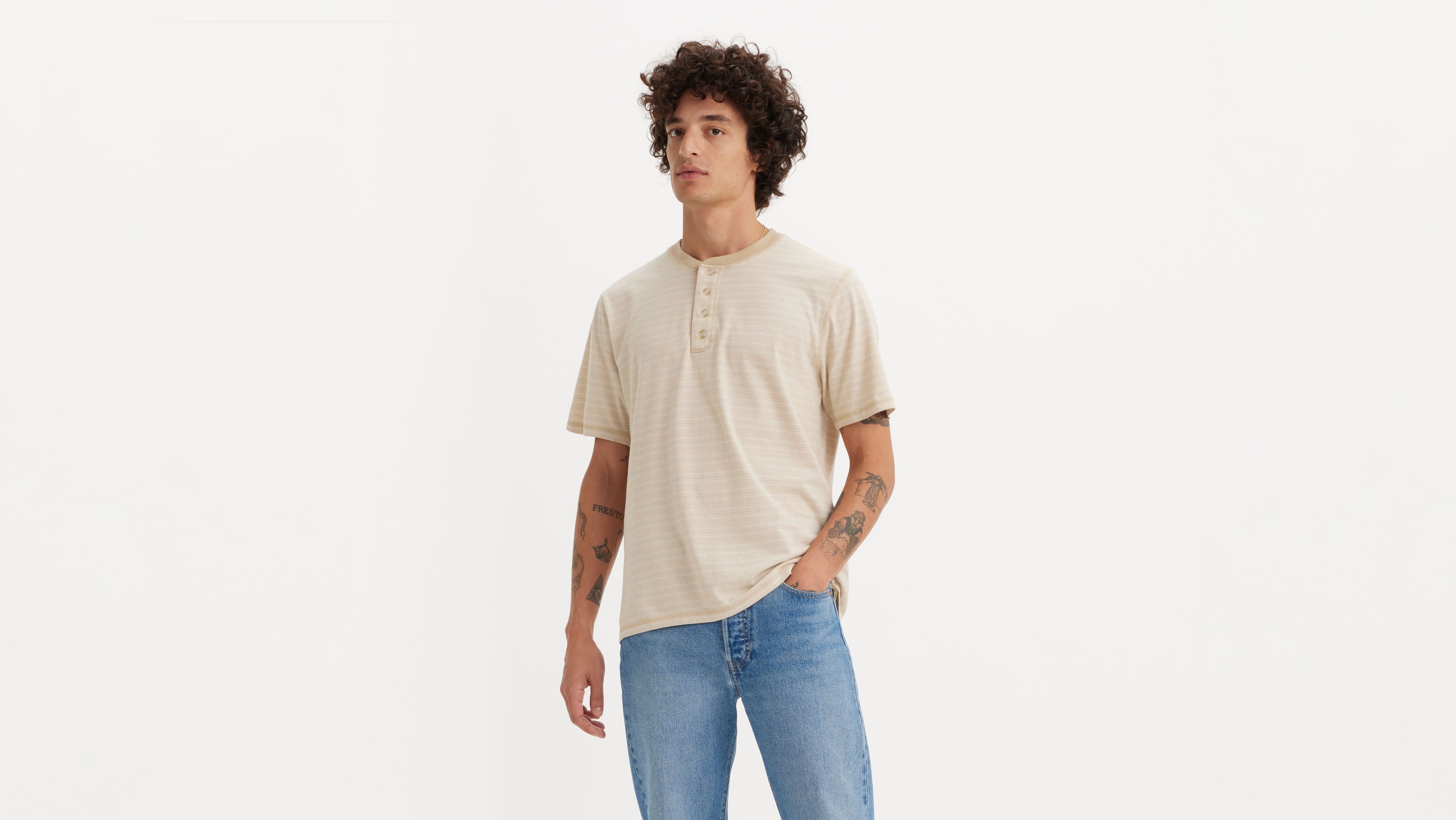 スウェット・トレーナー COVERNAT Henley Neck String Man to Man Oatmeal Emery Pima Henley - White
