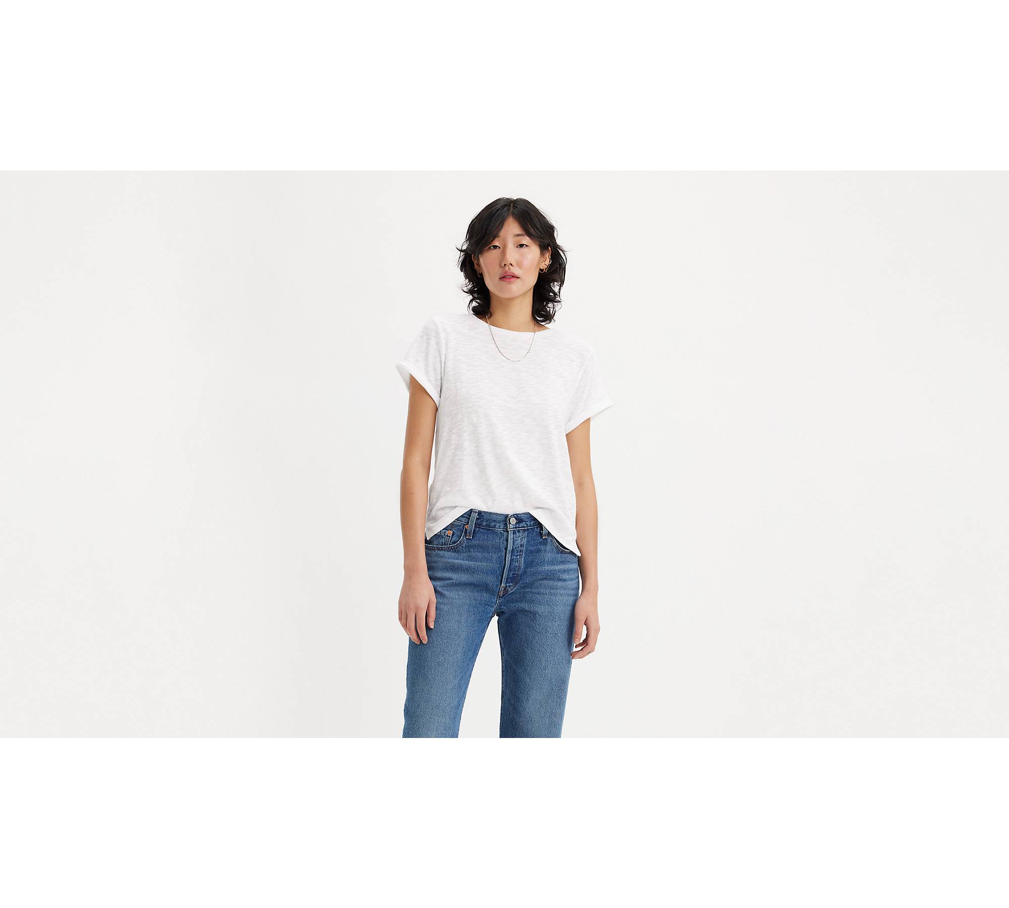 Yes, please? Simple white tee with fold up straight leg denims