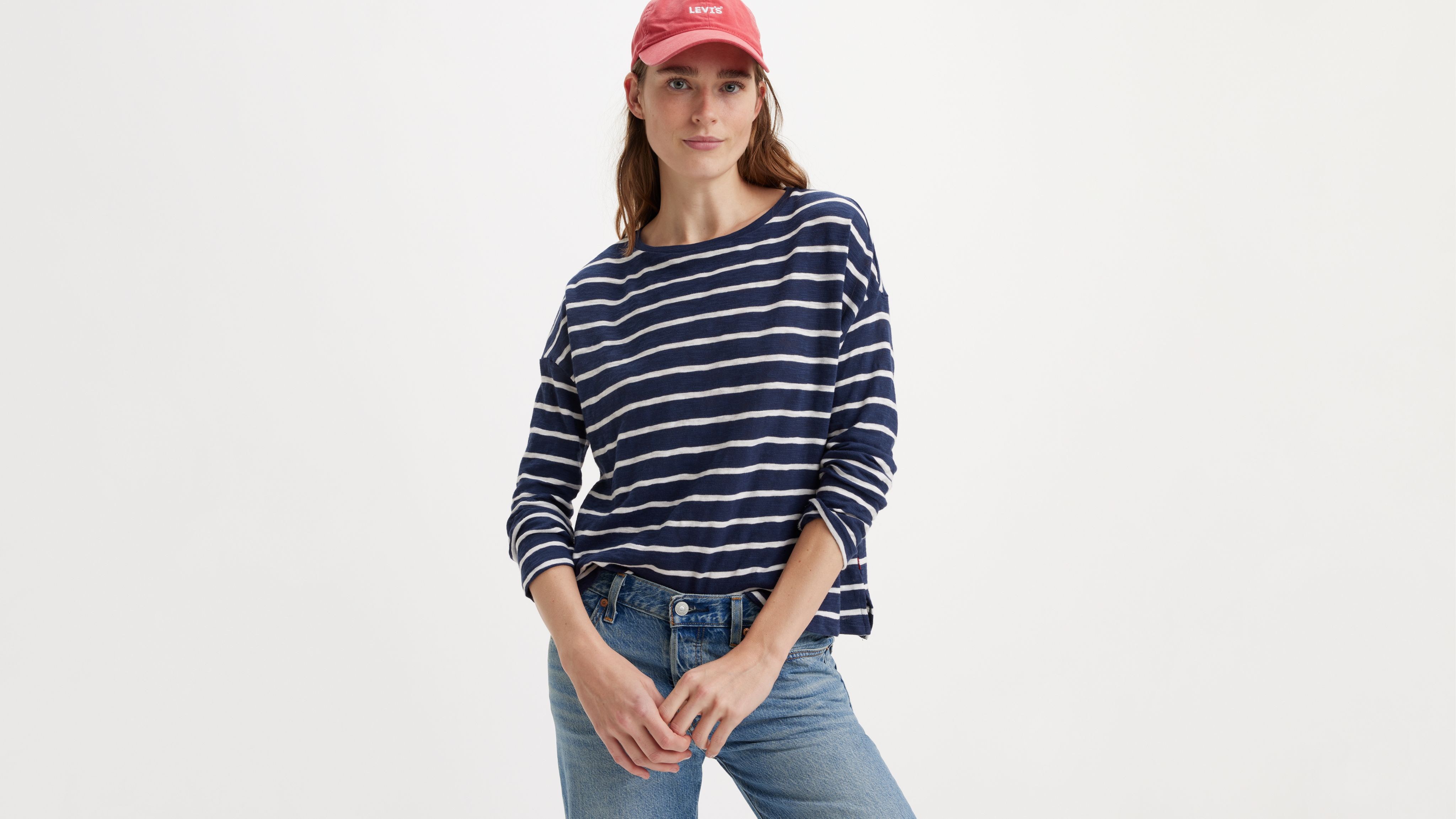 blue and white striped long sleeve t shirt