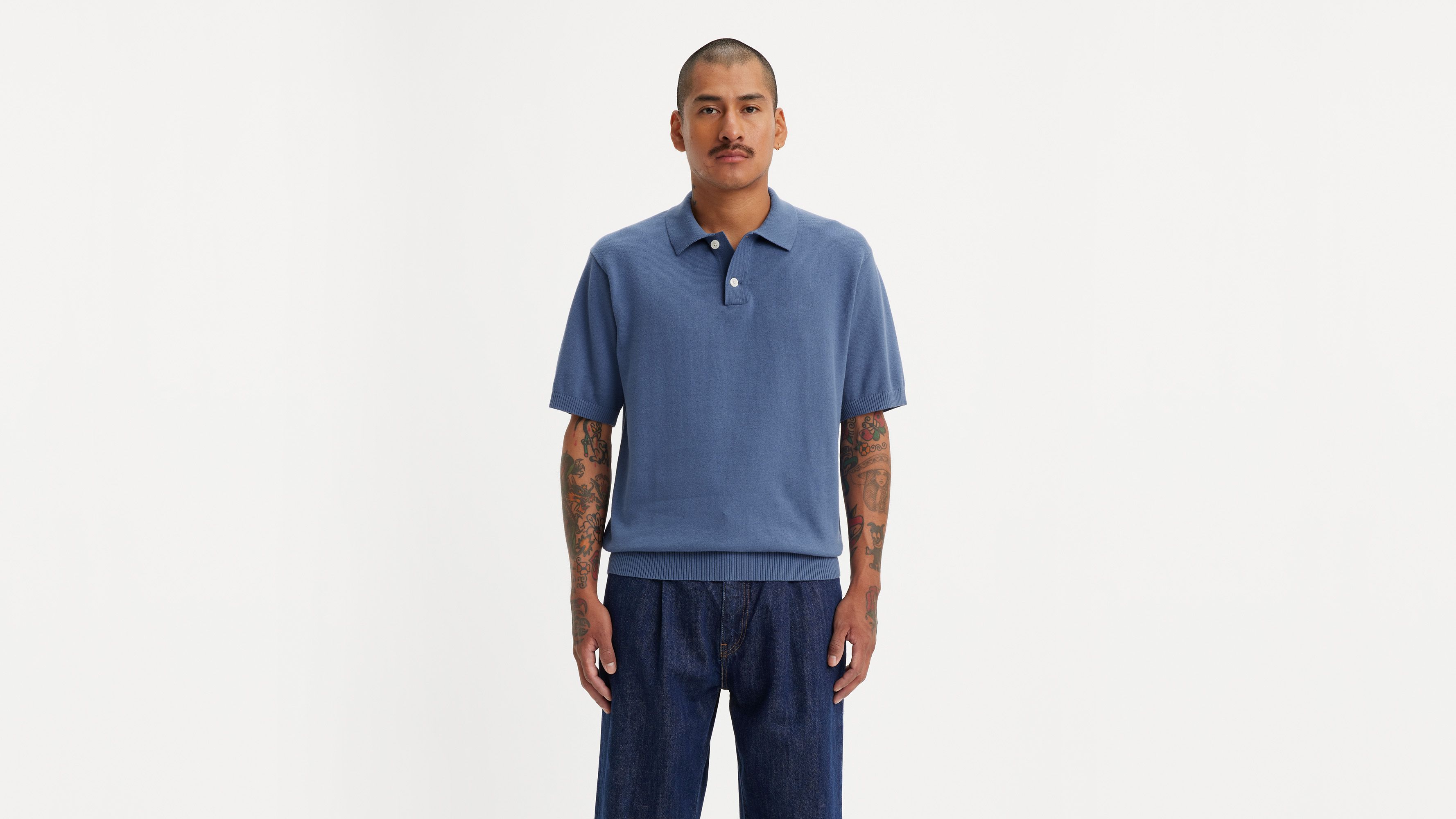 Sweater Knit Polo Shirt - Blue